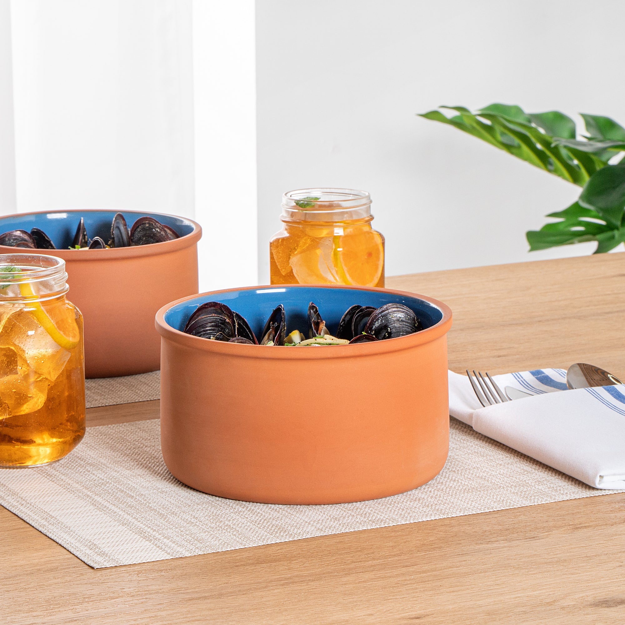 Terra Tek 68 oz Terracotta Cazuela Bowl - Blue Glazed Interior, Oven-Safe, Microwave-Safe - 7 1/2'' x 7 1/2'' x 4'' - 10 count box