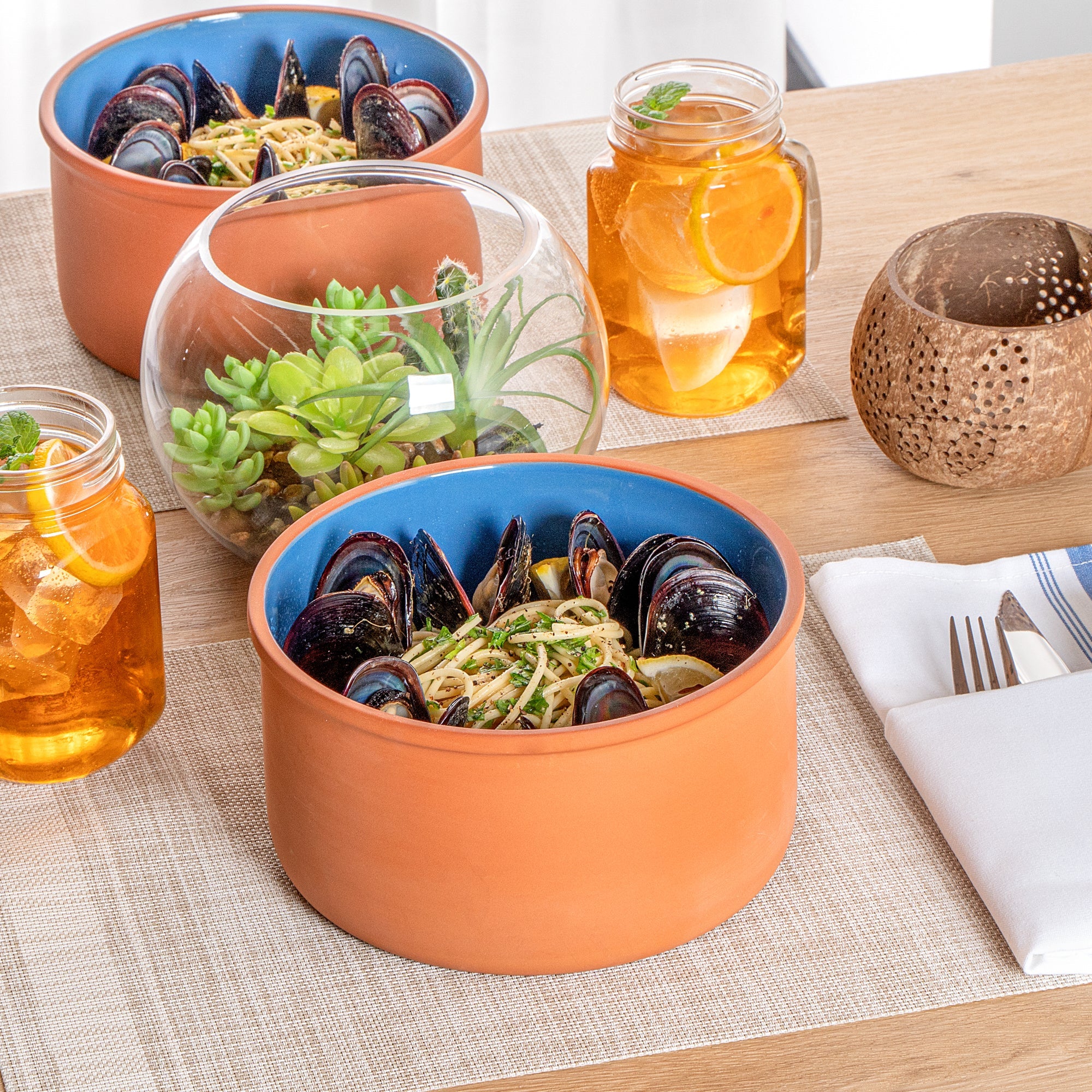 Terra Tek 68 oz Terracotta Cazuela Bowl - Blue Glazed Interior, Oven-Safe, Microwave-Safe - 7 1/2'' x 7 1/2'' x 4'' - 10 count box