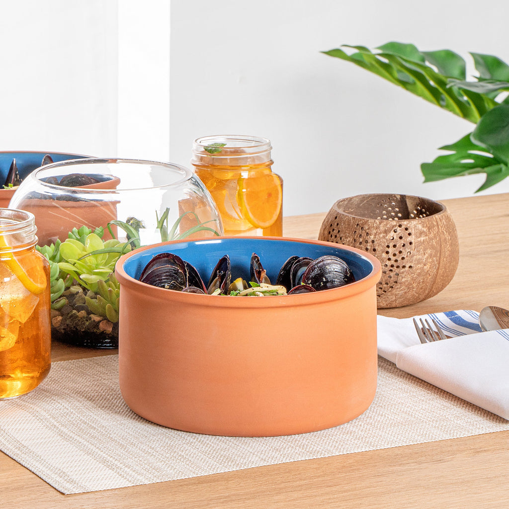 Terra Tek 68 oz Terracotta Cazuela Bowl - Blue Glazed Interior, Oven-Safe, Microwave-Safe - 7 1/2'' x 7 1/2'' x 4'' - 10 count box