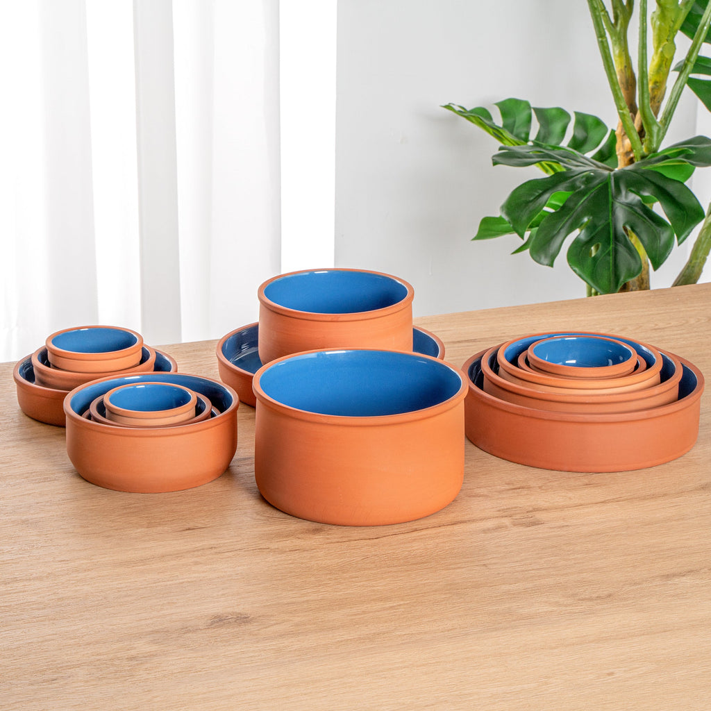 Terra Tek 68 oz Terracotta Cazuela Bowl - Blue Glazed Interior, Oven-Safe, Microwave-Safe - 7 1/2'' x 7 1/2'' x 4'' - 10 count box