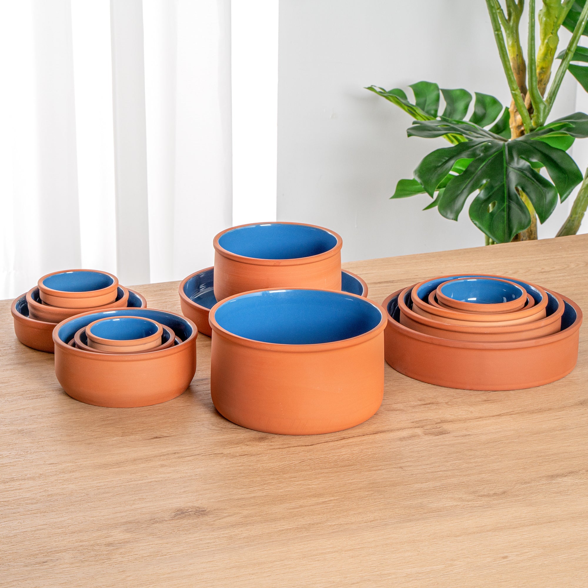 Terra Tek 68 oz Terracotta Cazuela Bowl - Blue Glazed Interior, Oven-Safe, Microwave-Safe - 7 1/2'' x 7 1/2'' x 4'' - 10 count box