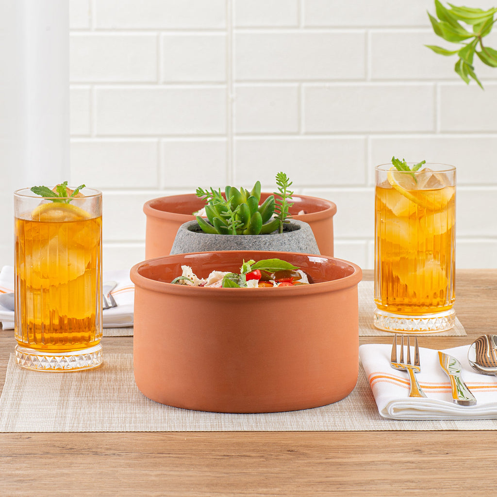 Terra Tek 68 oz Terracotta Cazuela Bowl - Brown Glazed Interior, Oven-Safe, Microwave-Safe - 7 1/2'' x 7 1/2'' x 4'' - 2 count box