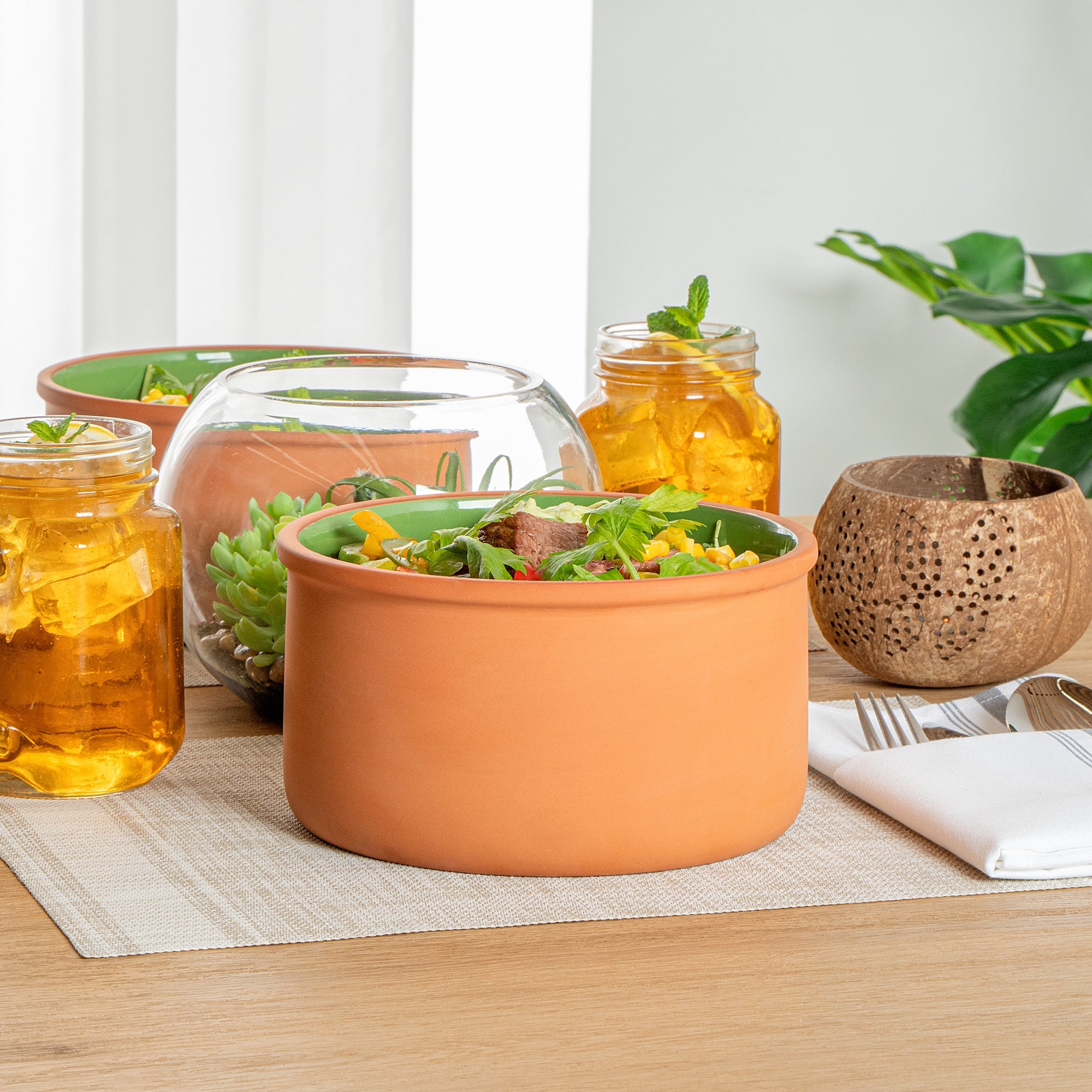 Terra Tek 68 oz Terracotta Cazuela Bowl - Green Glazed Interior, Oven-Safe, Microwave-Safe - 7 1/2'' x 7 1/2'' x 4'' - 2 count box