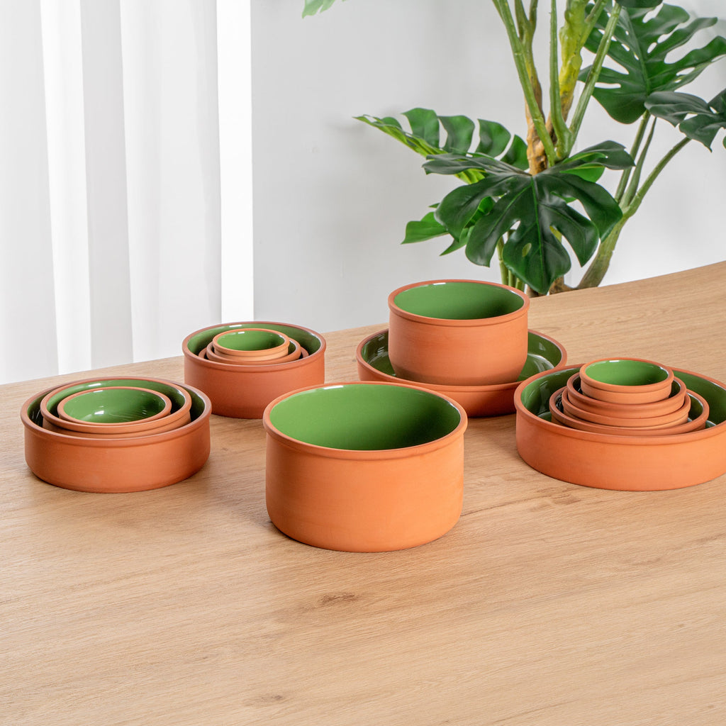 Terra Tek 68 oz Terracotta Cazuela Bowl - Green Glazed Interior, Oven-Safe, Microwave-Safe - 7 1/2'' x 7 1/2'' x 4'' - 2 count box
