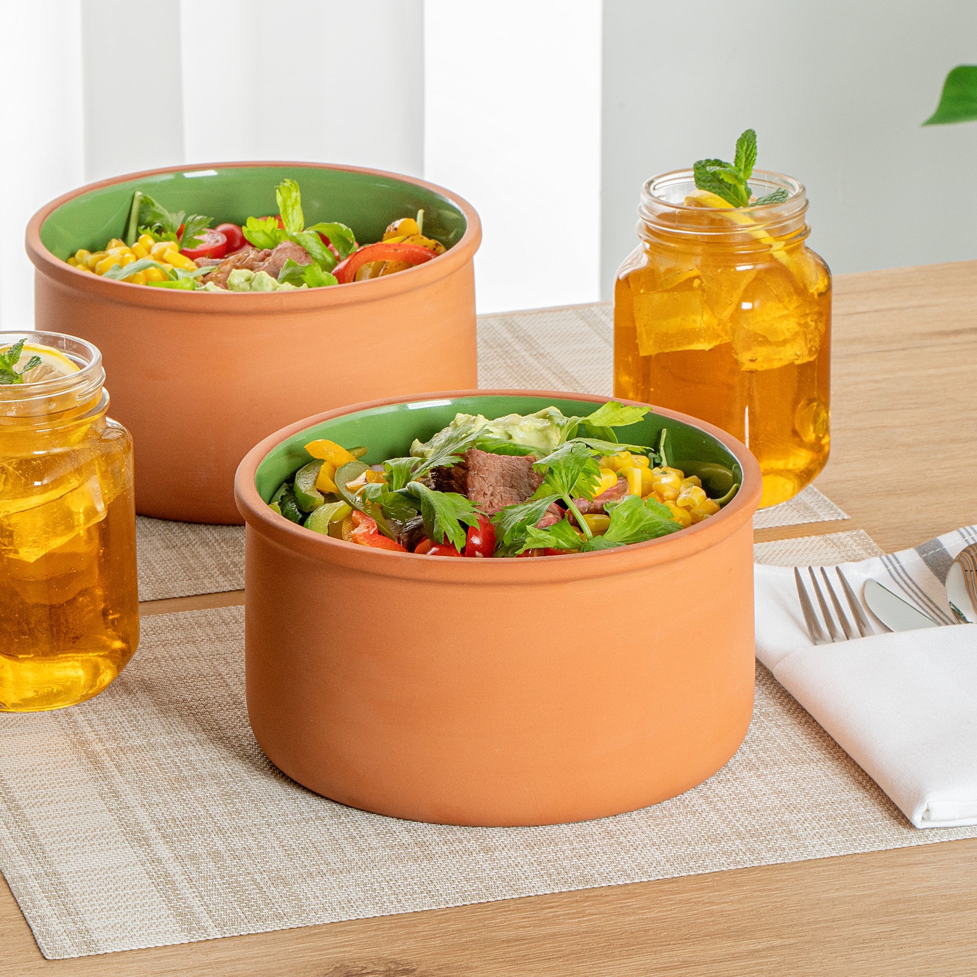Terra Tek 68 oz Terracotta Cazuela Bowl - Green Glazed Interior, Oven-Safe, Microwave-Safe - 7 1/2'' x 7 1/2'' x 4'' - 10 count box