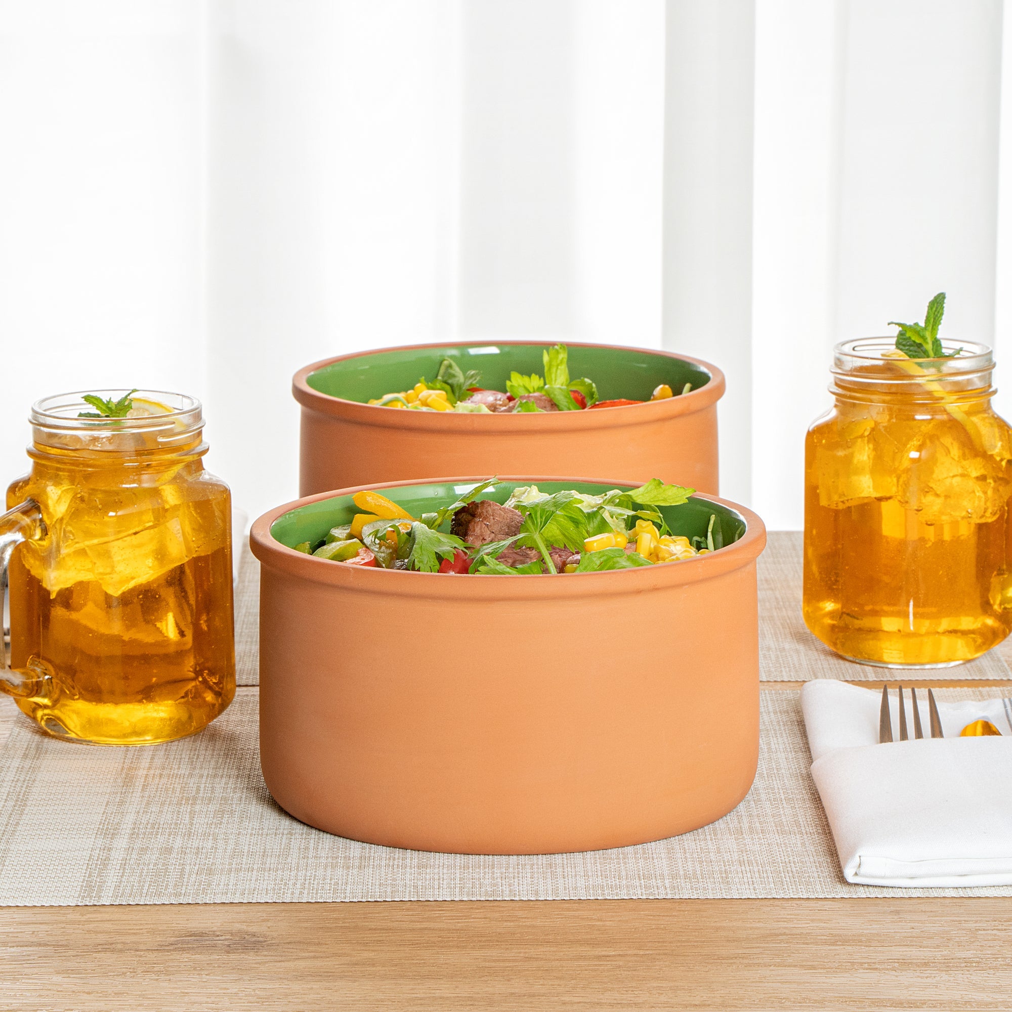 Terra Tek 68 oz Terracotta Cazuela Bowl - Green Glazed Interior, Oven-Safe, Microwave-Safe - 7 1/2'' x 7 1/2'' x 4'' - 10 count box