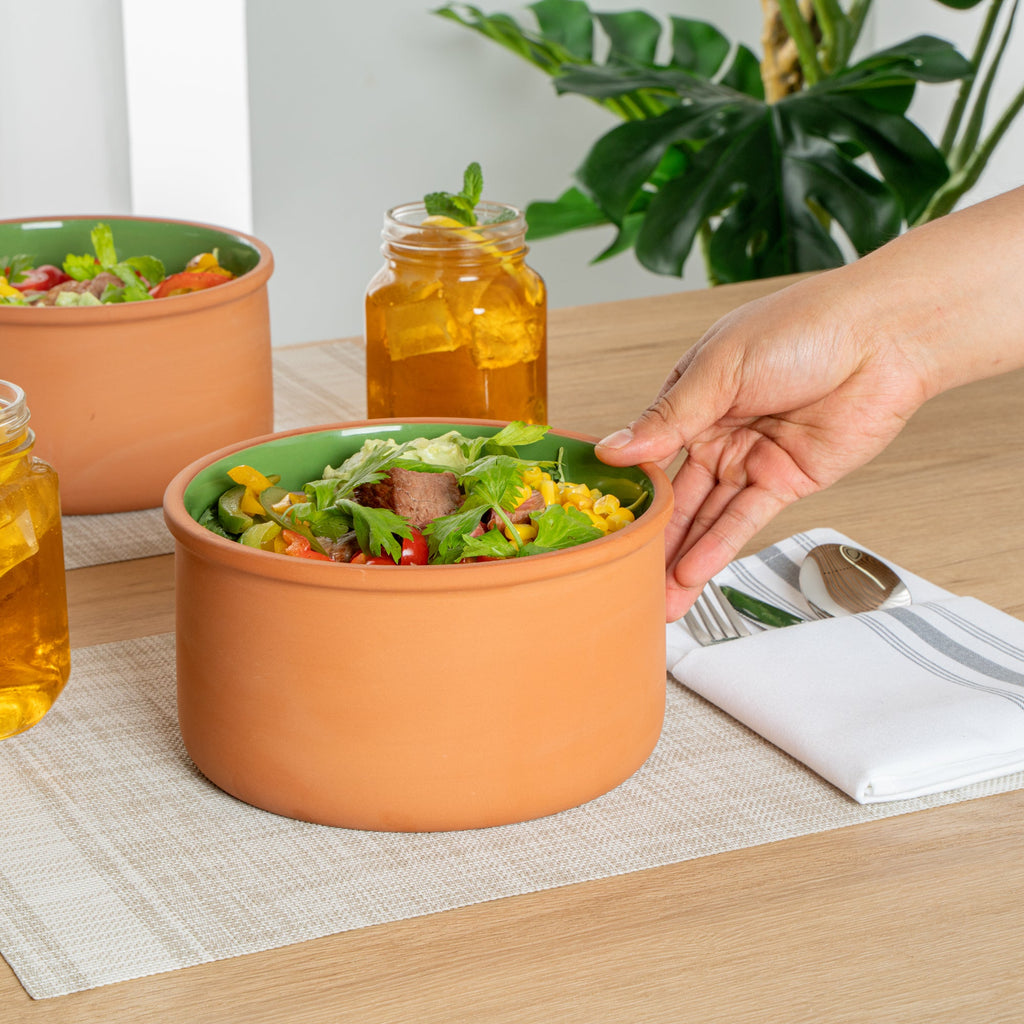 Terra Tek 68 oz Terracotta Cazuela Bowl - Green Glazed Interior, Oven-Safe, Microwave-Safe - 7 1/2'' x 7 1/2'' x 4'' - 10 count box