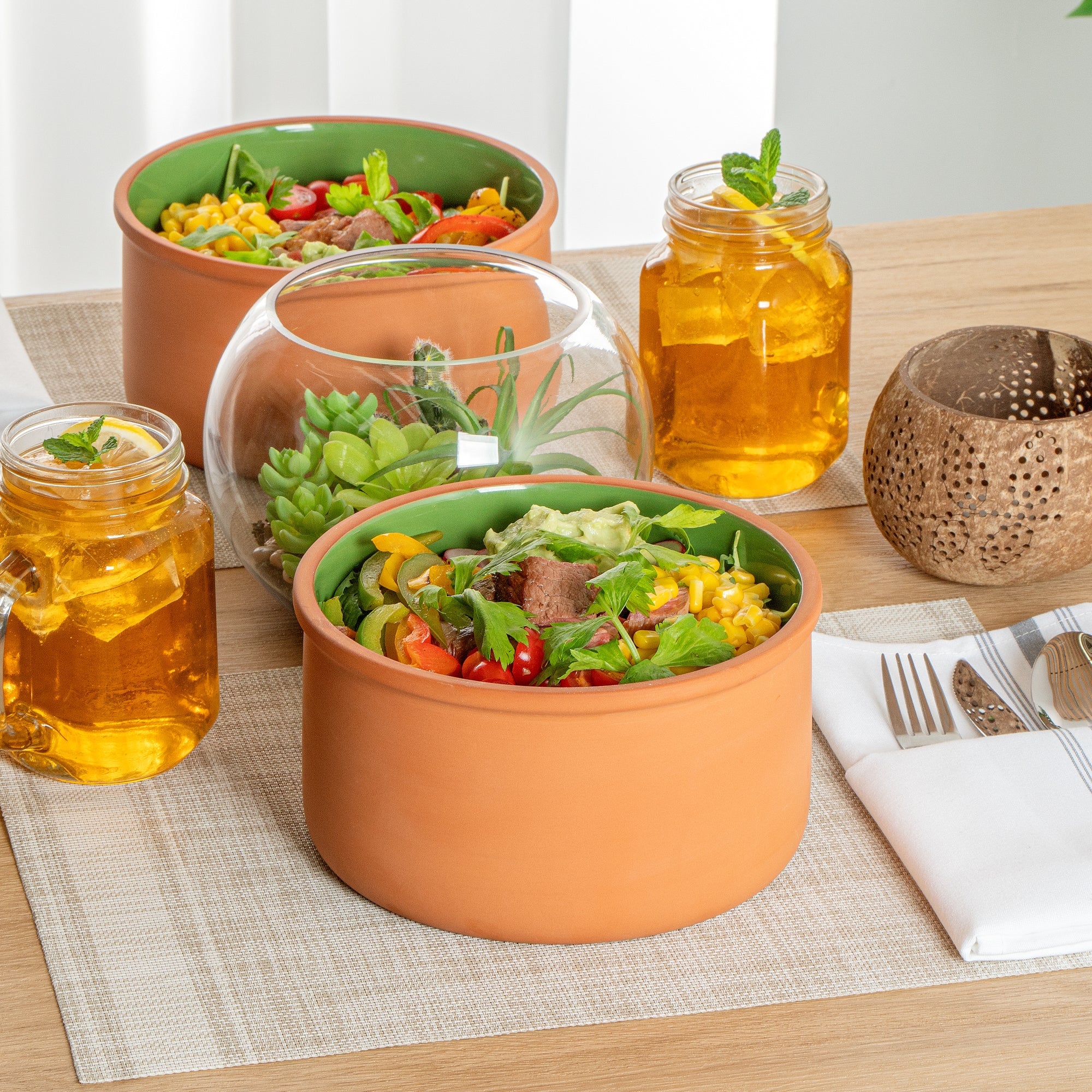 Terra Tek 68 oz Terracotta Cazuela Bowl - Green Glazed Interior, Oven-Safe, Microwave-Safe - 7 1/2'' x 7 1/2'' x 4'' - 10 count box