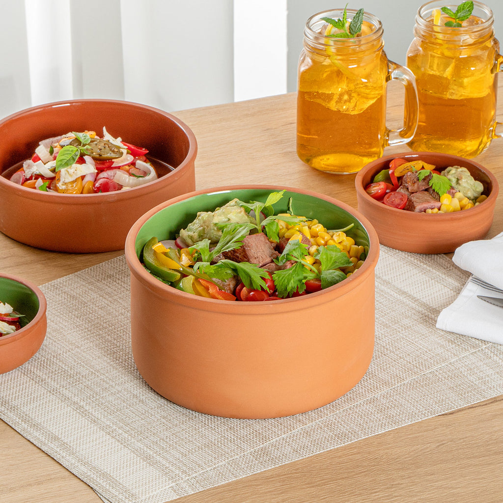 Terra Tek 68 oz Terracotta Cazuela Bowl - Green Glazed Interior, Oven-Safe, Microwave-Safe - 7 1/2'' x 7 1/2'' x 4'' - 10 count box