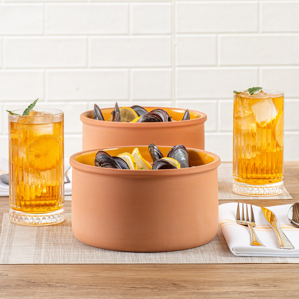Terra Tek 68 oz Terracotta Cazuela Bowl - Yellow Glazed Interior, Oven-Safe, Microwave-Safe - 7 1/2'' x 7 1/2'' x 4'' - 2 count box