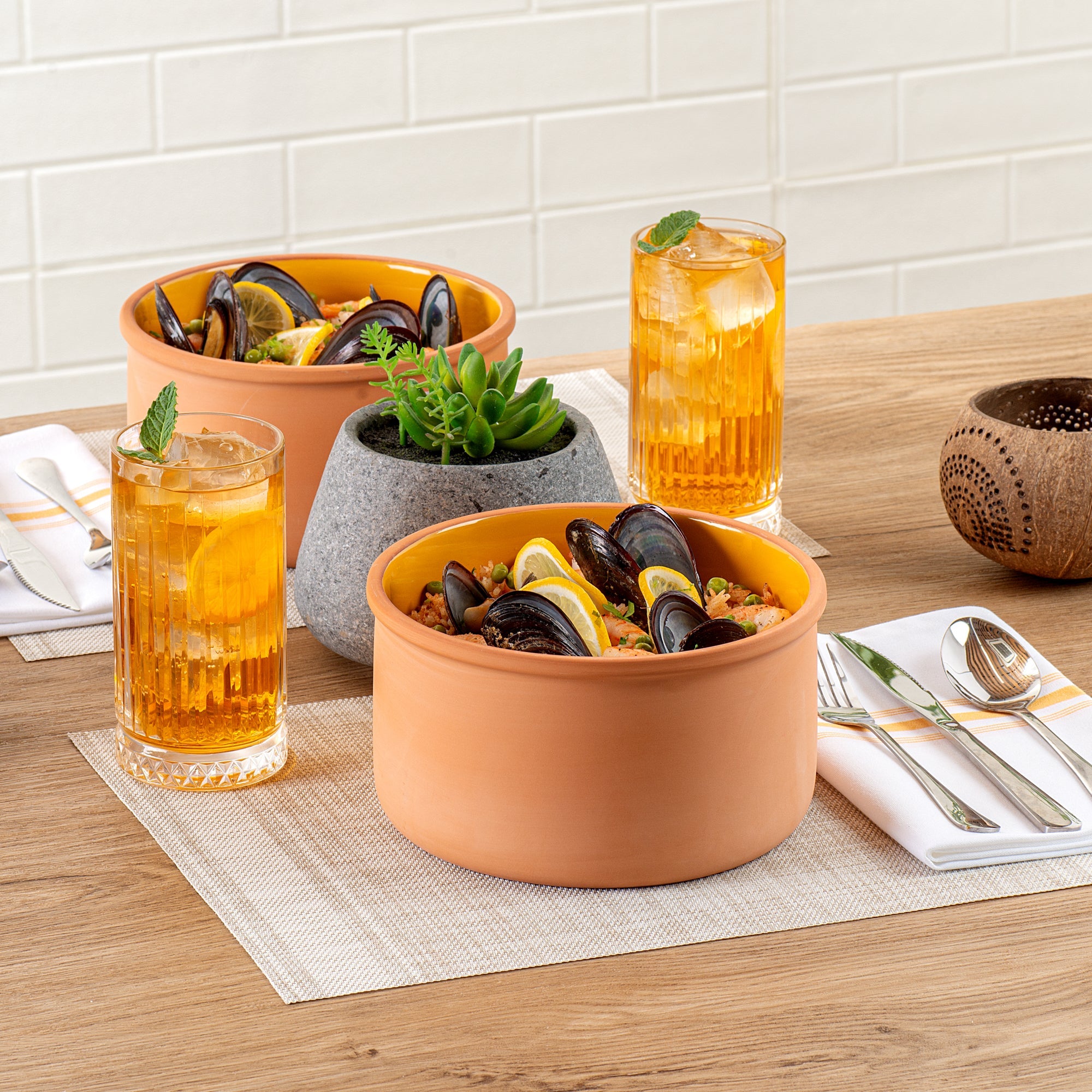 Terra Tek 68 oz Terracotta Cazuela Bowl - Yellow Glazed Interior, Oven-Safe, Microwave-Safe - 7 1/2'' x 7 1/2'' x 4'' - 2 count box