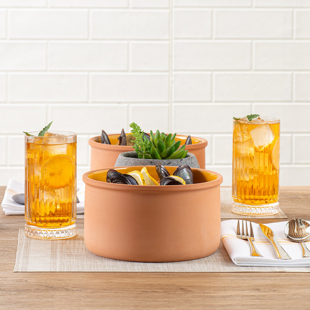Terra Tek 68 oz Terracotta Cazuela Bowl - Yellow Glazed Interior, Oven-Safe, Microwave-Safe - 7 1/2'' x 7 1/2'' x 4'' - 2 count box