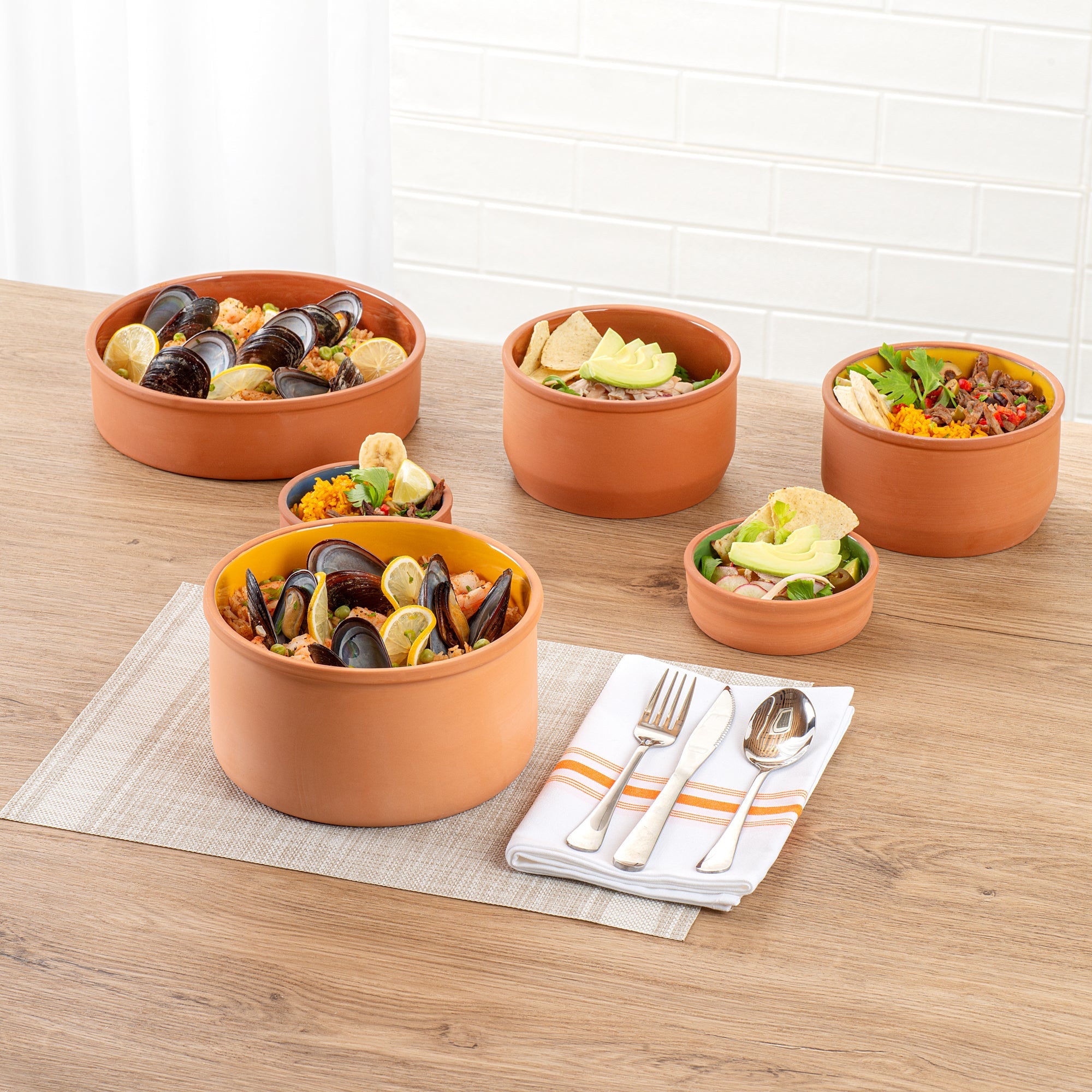 Terra Tek 68 oz Terracotta Cazuela Bowl - Yellow Glazed Interior, Oven-Safe, Microwave-Safe - 7 1/2'' x 7 1/2'' x 4'' - 2 count box