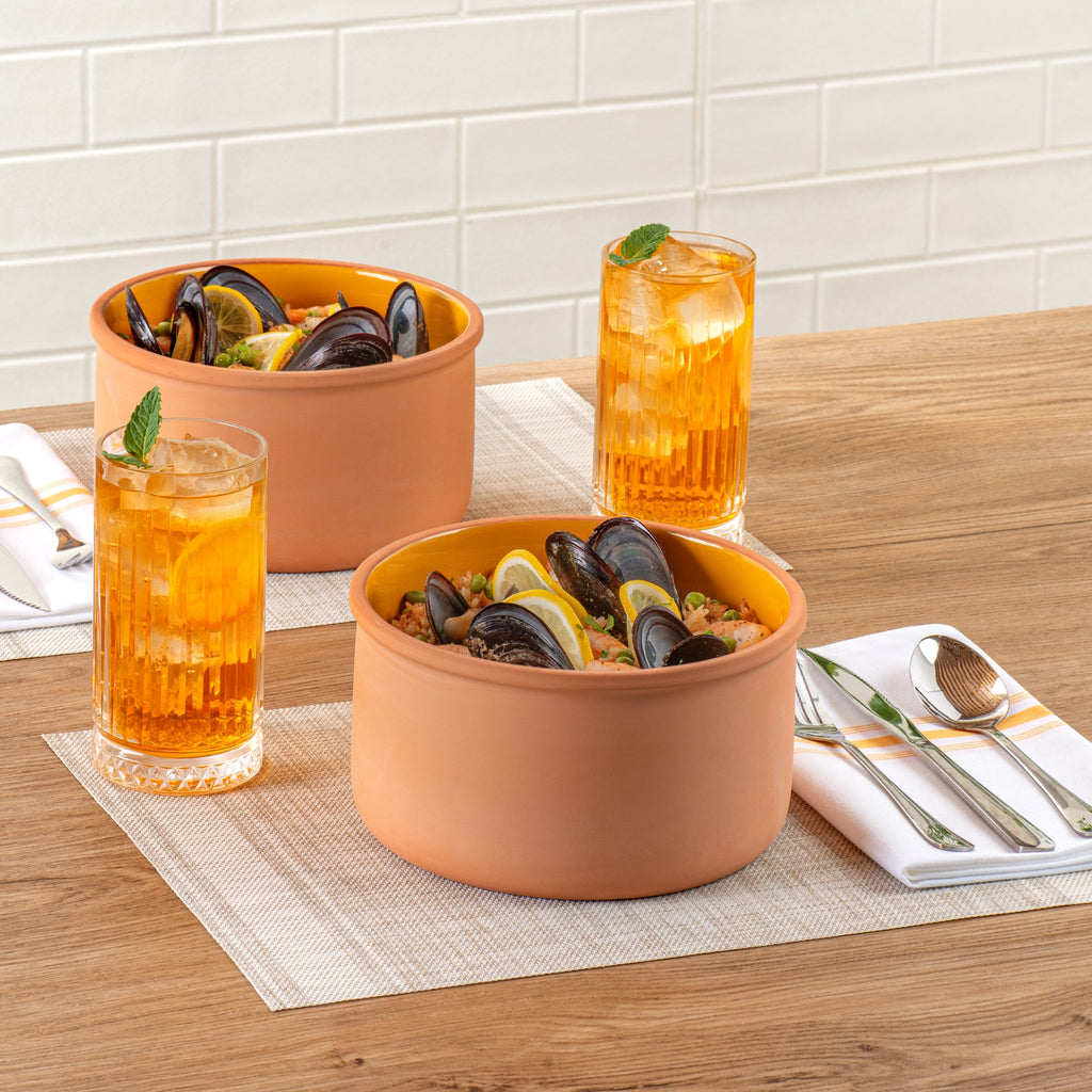 Terra Tek 68 oz Terracotta Cazuela Bowl - Yellow Glazed Interior, Oven-Safe, Microwave-Safe - 7 1/2'' x 7 1/2'' x 4'' - 10 count box