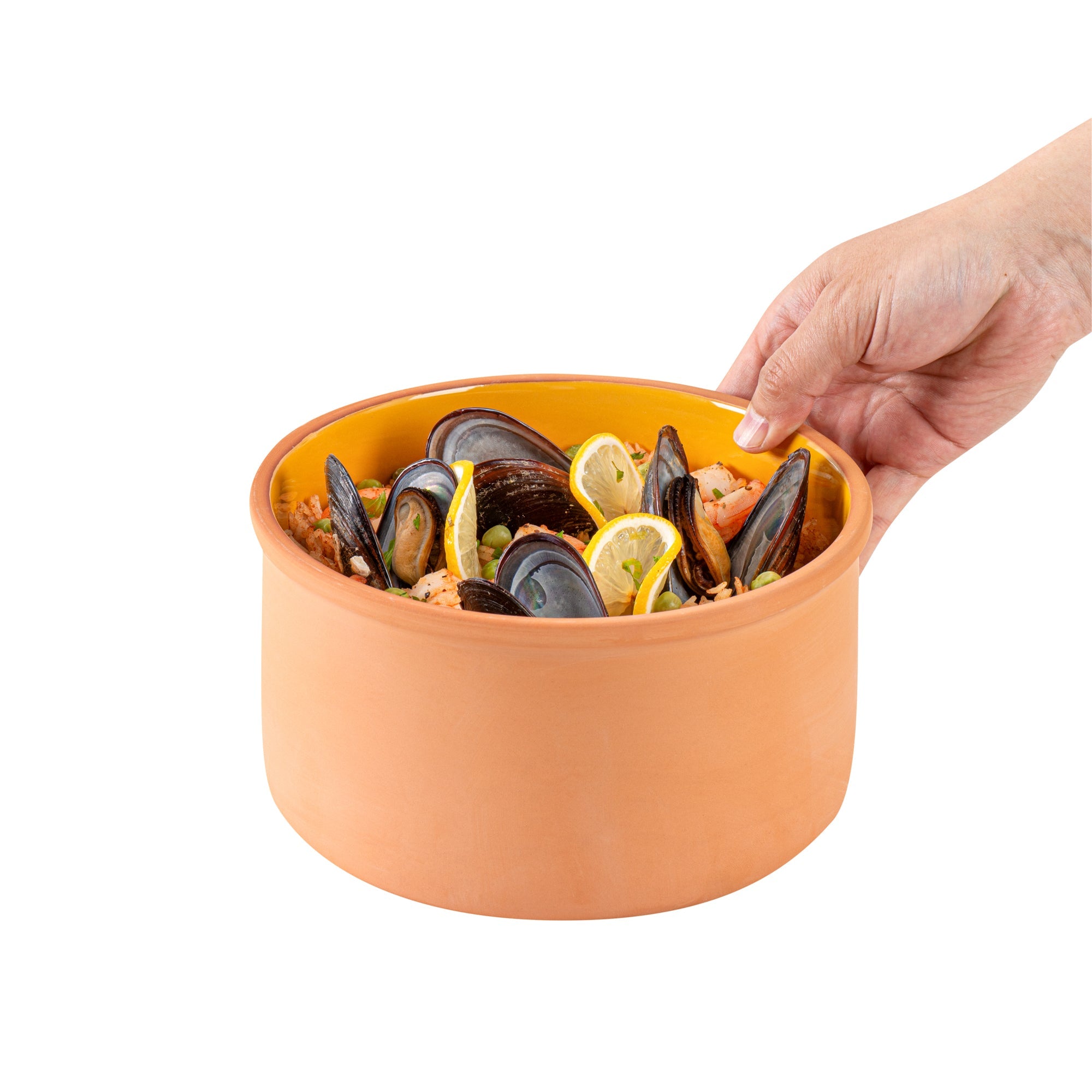 Terra Tek 68 oz Terracotta Cazuela Bowl - Yellow Glazed Interior, Oven-Safe, Microwave-Safe - 7 1/2'' x 7 1/2'' x 4'' - 10 count box
