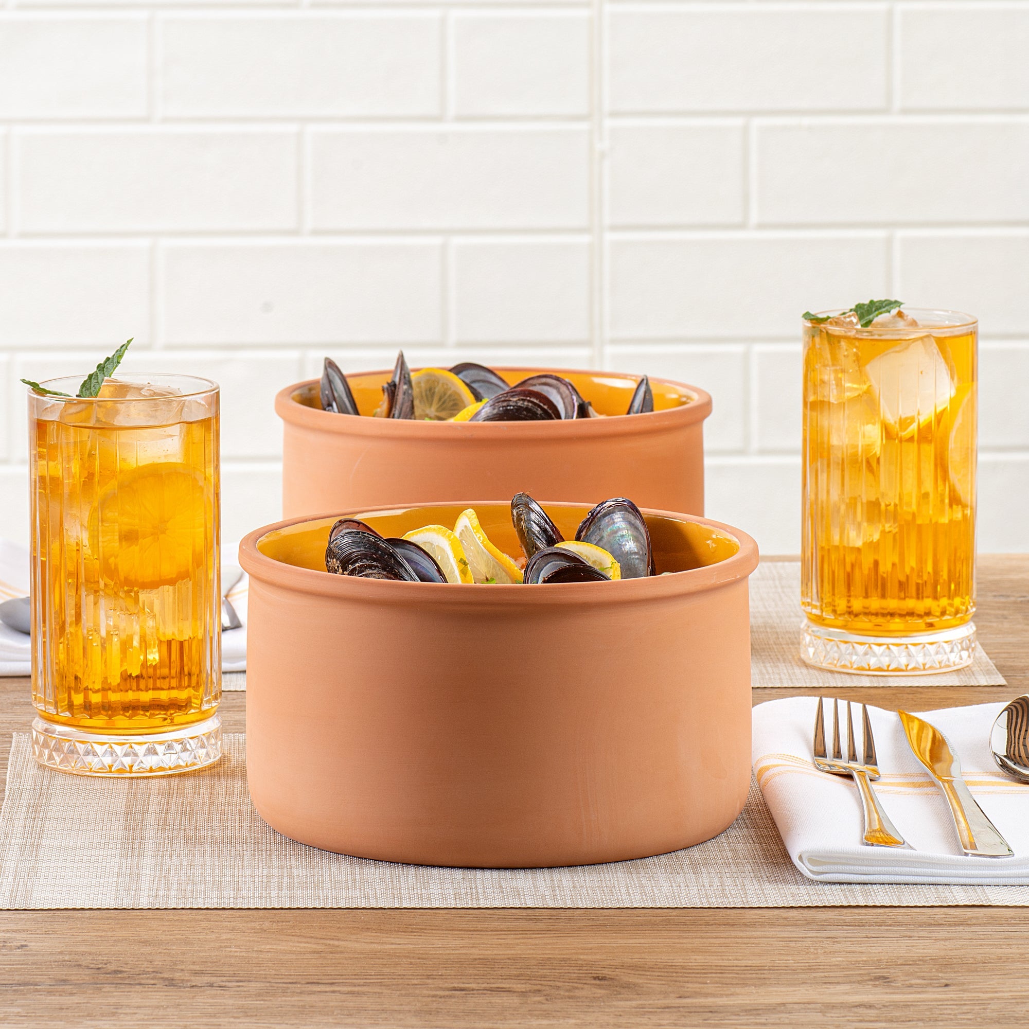 Terra Tek 68 oz Terracotta Cazuela Bowl - Yellow Glazed Interior, Oven-Safe, Microwave-Safe - 7 1/2'' x 7 1/2'' x 4'' - 10 count box