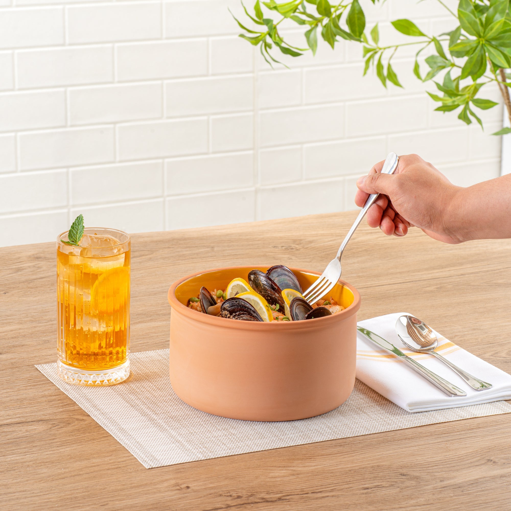 Terra Tek 68 oz Terracotta Cazuela Bowl - Yellow Glazed Interior, Oven-Safe, Microwave-Safe - 7 1/2'' x 7 1/2'' x 4'' - 10 count box