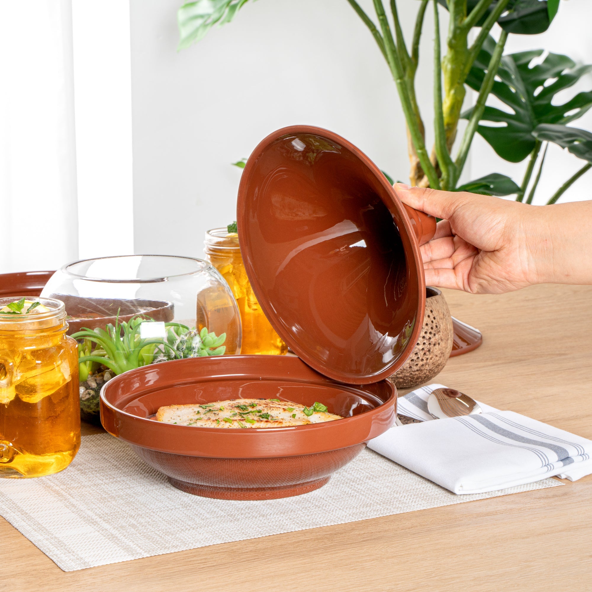 Terra Tek 26 oz Terracotta Tagine Pot - Glazed Interior, Oven-Safe, Microwave-Safe - 9'' x 9'' x 6 1/2'' - 8 count box