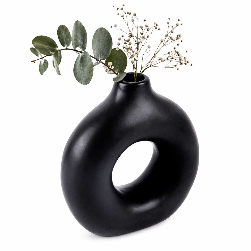 Table Art Black Ceramic Donut Vase - 5 3/4'' x 2 1/4'' x 6'' - 1 count box