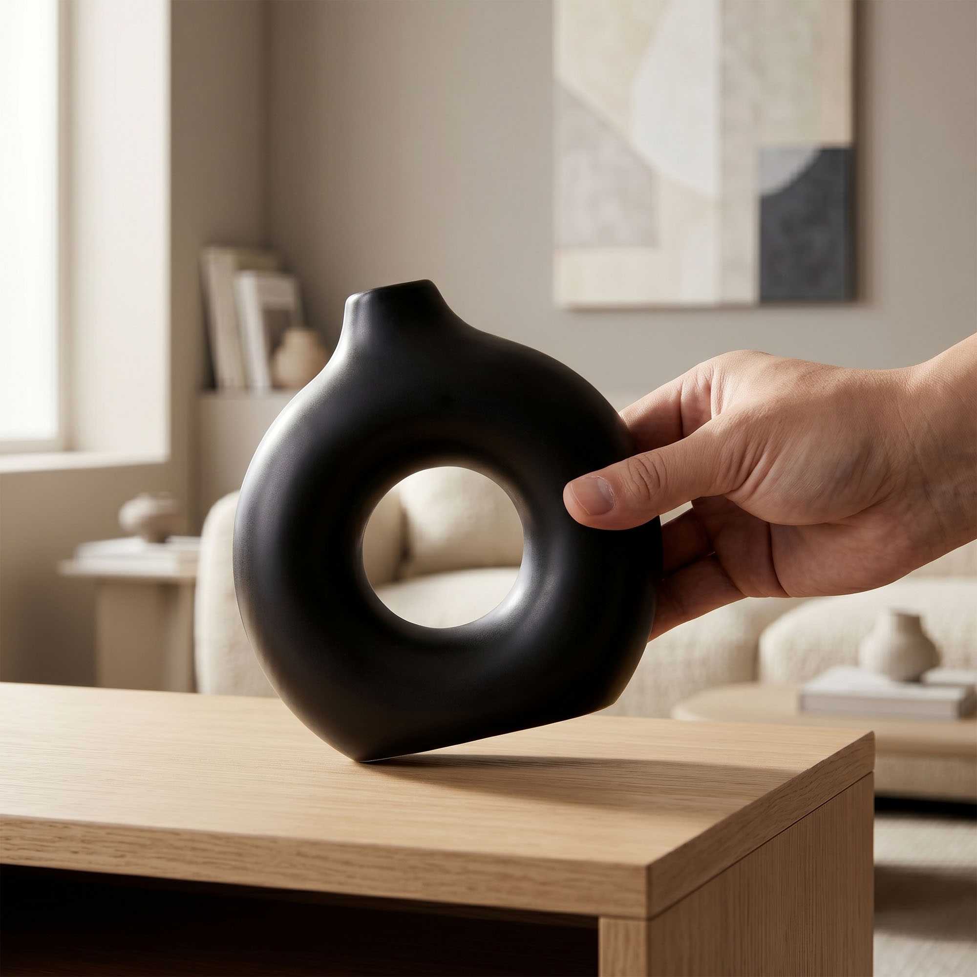 Table Art Black Ceramic Donut Vase - 5 3/4'' x 2 1/4'' x 6'' - 1 count box