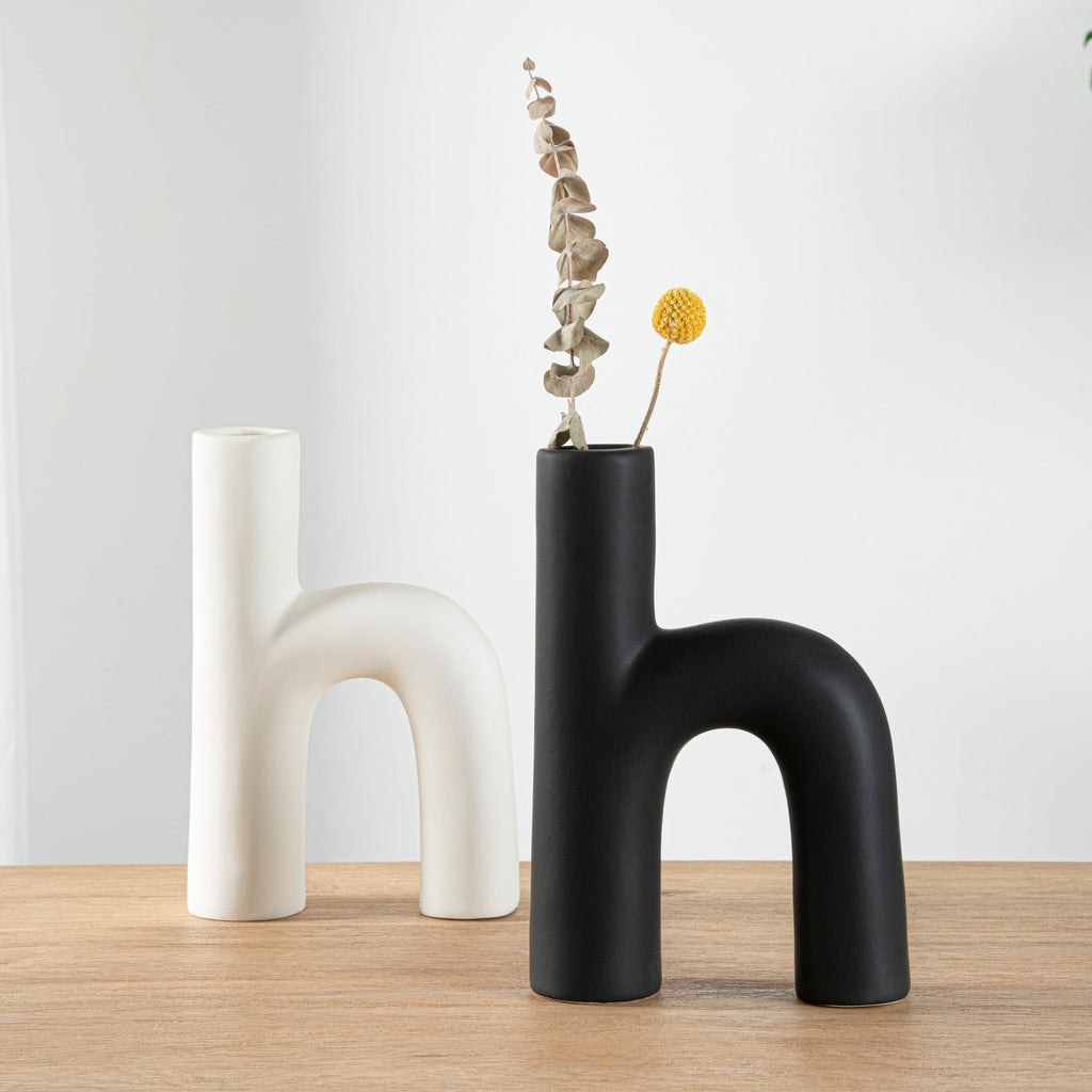Table Art Black Ceramic H-Shaped Vase - 6'' x 2 1/4'' x 9'' - 1 count box