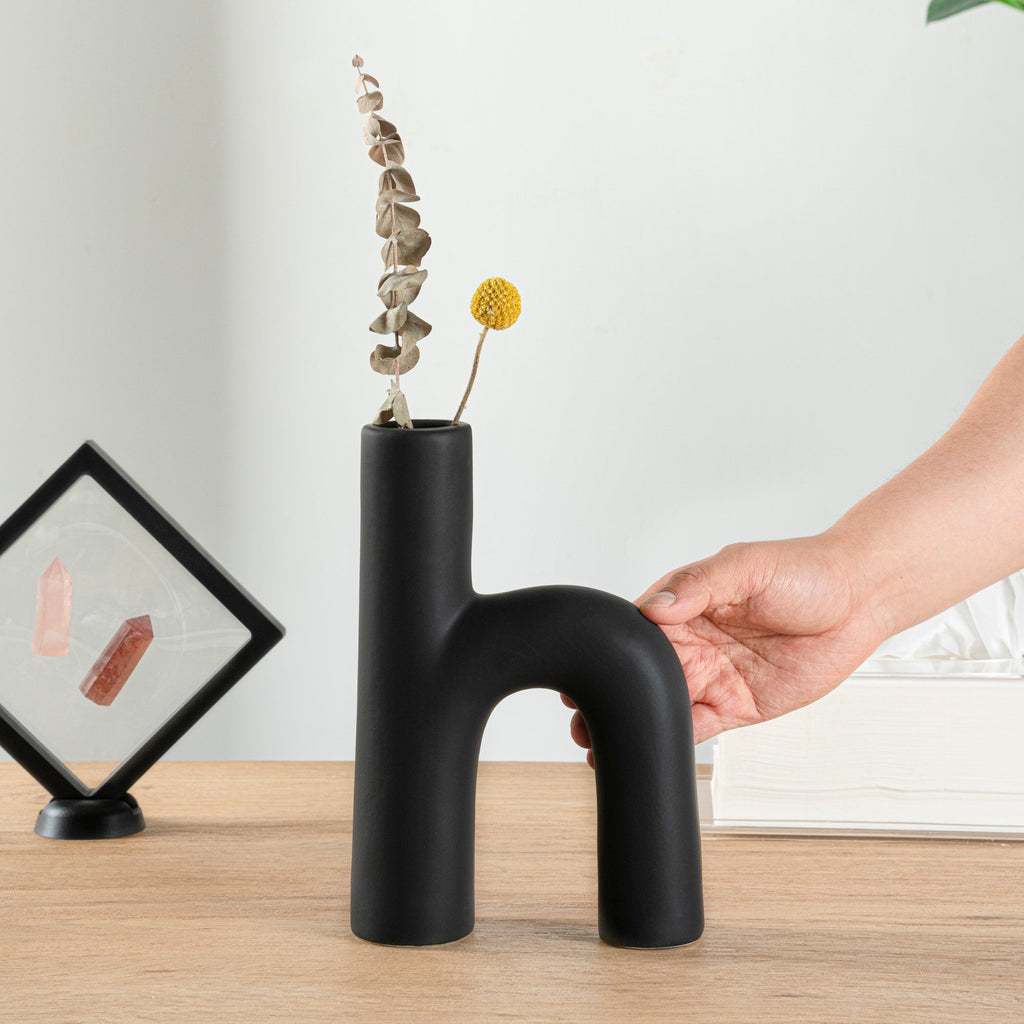 Table Art Black Ceramic H-Shaped Vase - 6'' x 2 1/4'' x 9'' - 1 count box