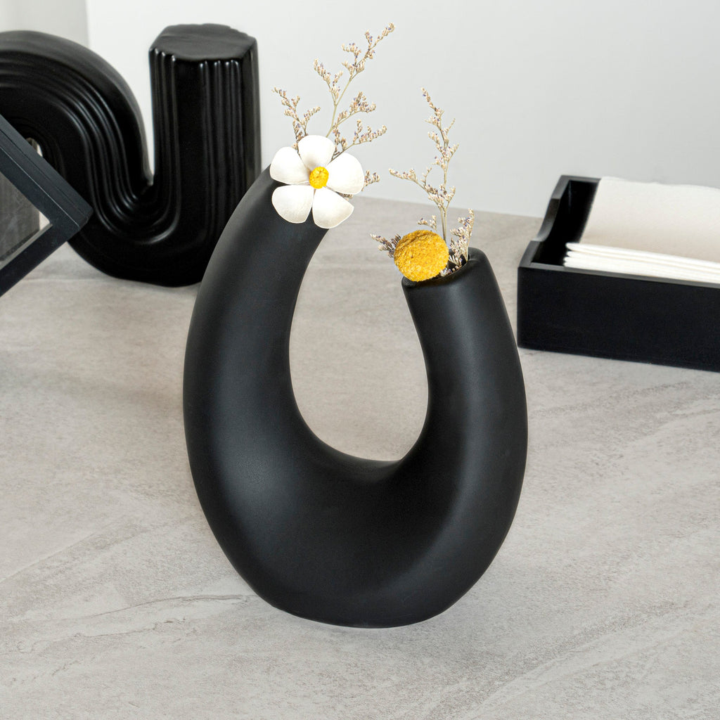 Table Art Black Ceramic U-Shaped Vase - 6 1/2'' x 3'' x 8 3/4'' - 1 count box