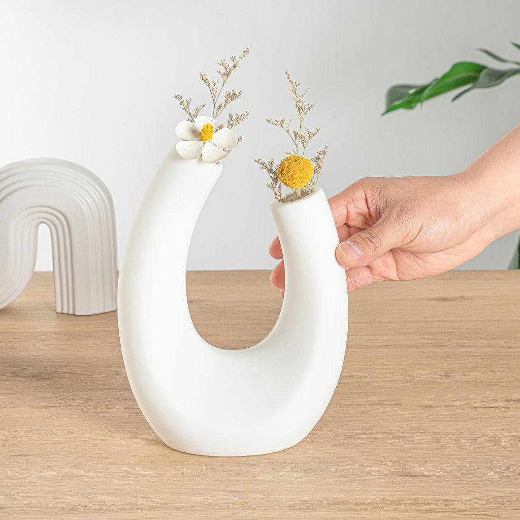 Table Art White Ceramic U-Shaped Vase - 6 1/2'' x 3'' x 8 3/4'' - 1 count box
