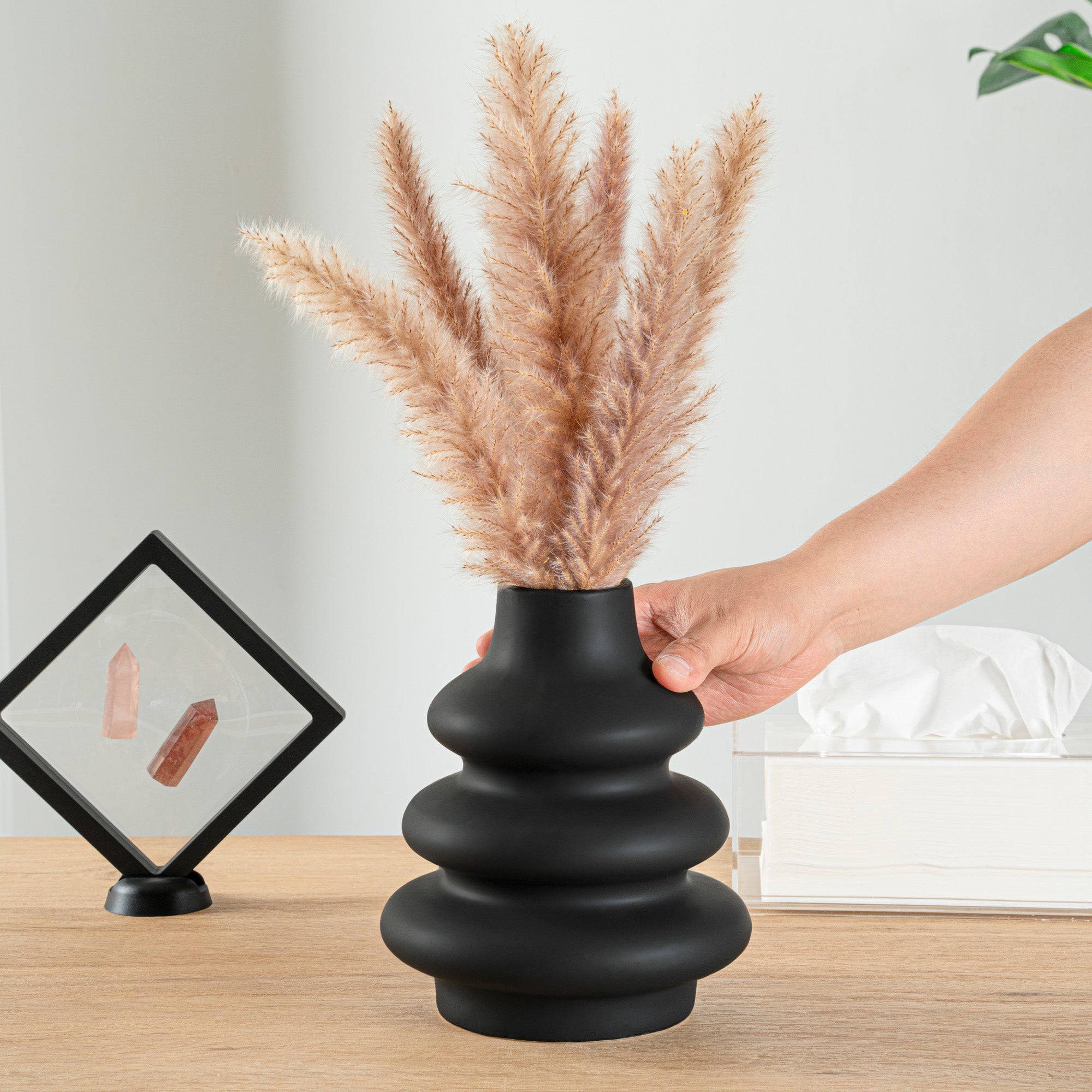 Table Art Black Ceramic Stacked Vase - 6 3/4'' x 6 3/4'' x 8'' - 1 count box