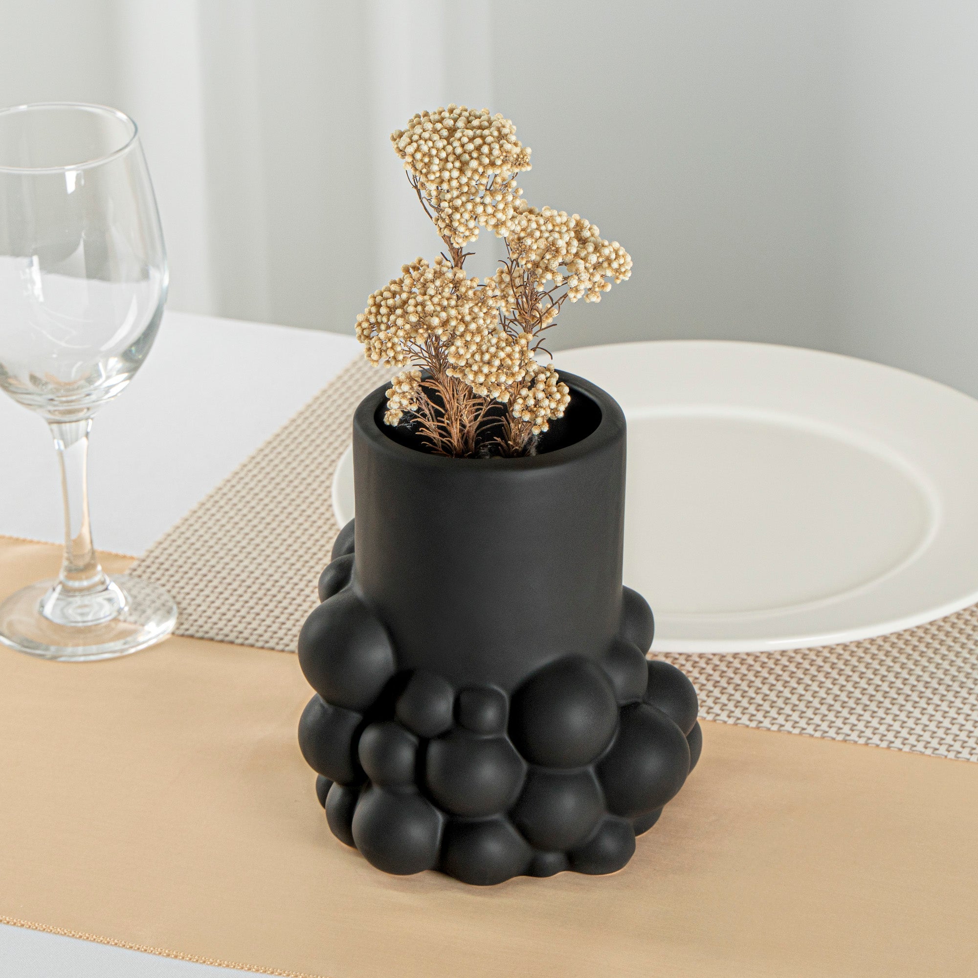 Table Art Black Ceramic Cylinder Bubble Vase - 6'' x 5 3/4'' x 6 1/2'' - 1 count box