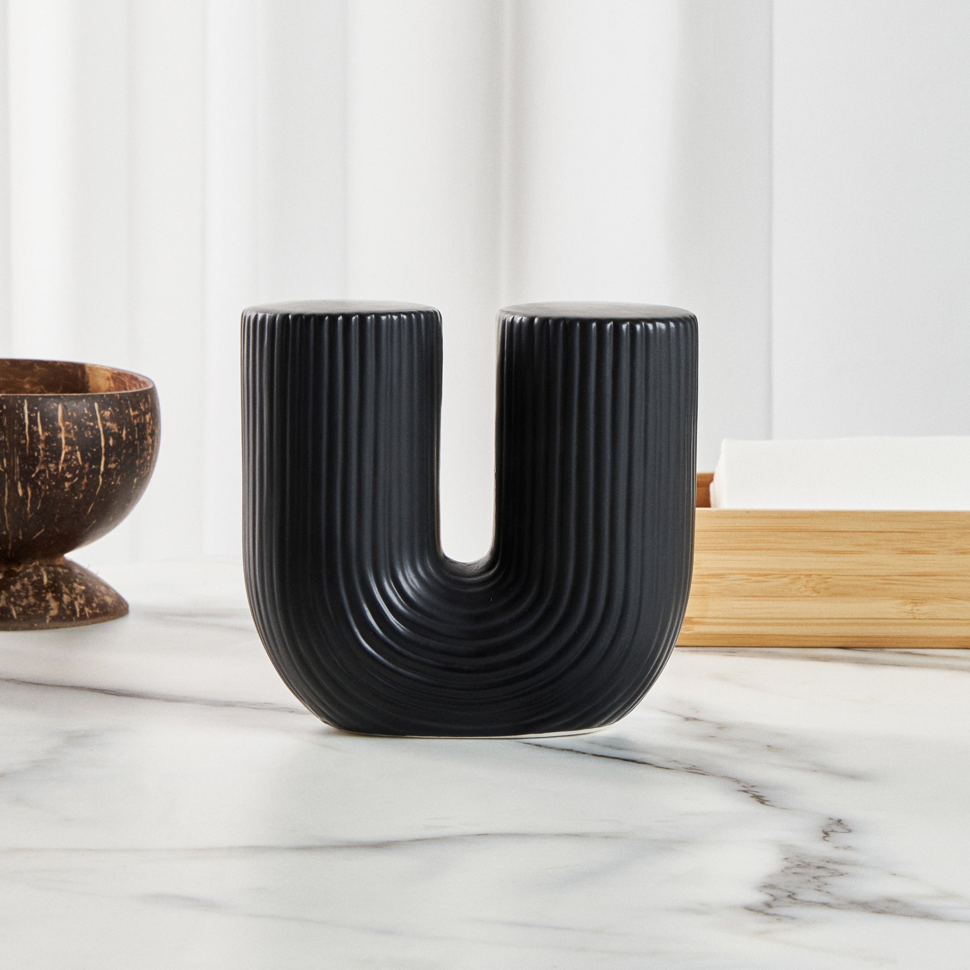 Table Art Black Ceramic U-Shaped Vase - 5 3/4'' x 2 3/4'' x 5 1/2'' - 1 count box