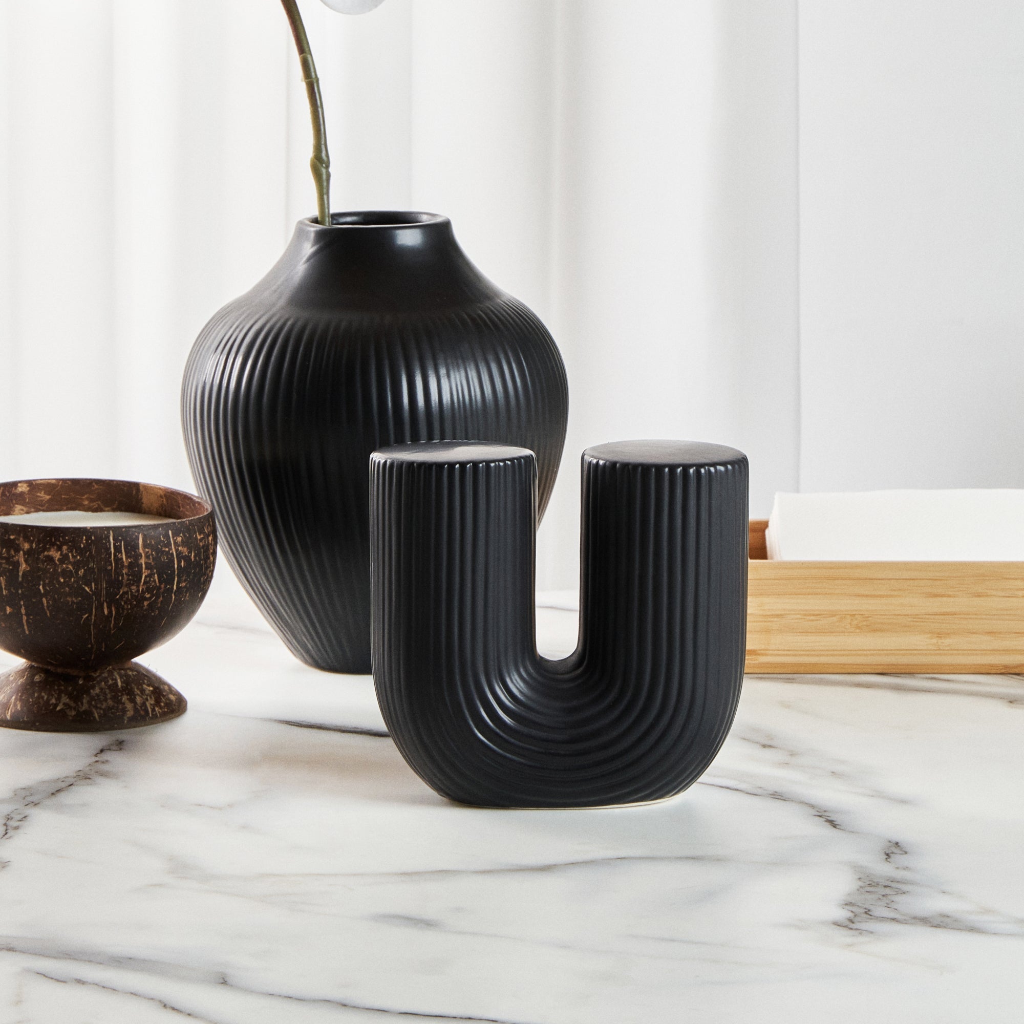 Table Art Black Ceramic U-Shaped Vase - 5 3/4'' x 2 3/4'' x 5 1/2'' - 1 count box
