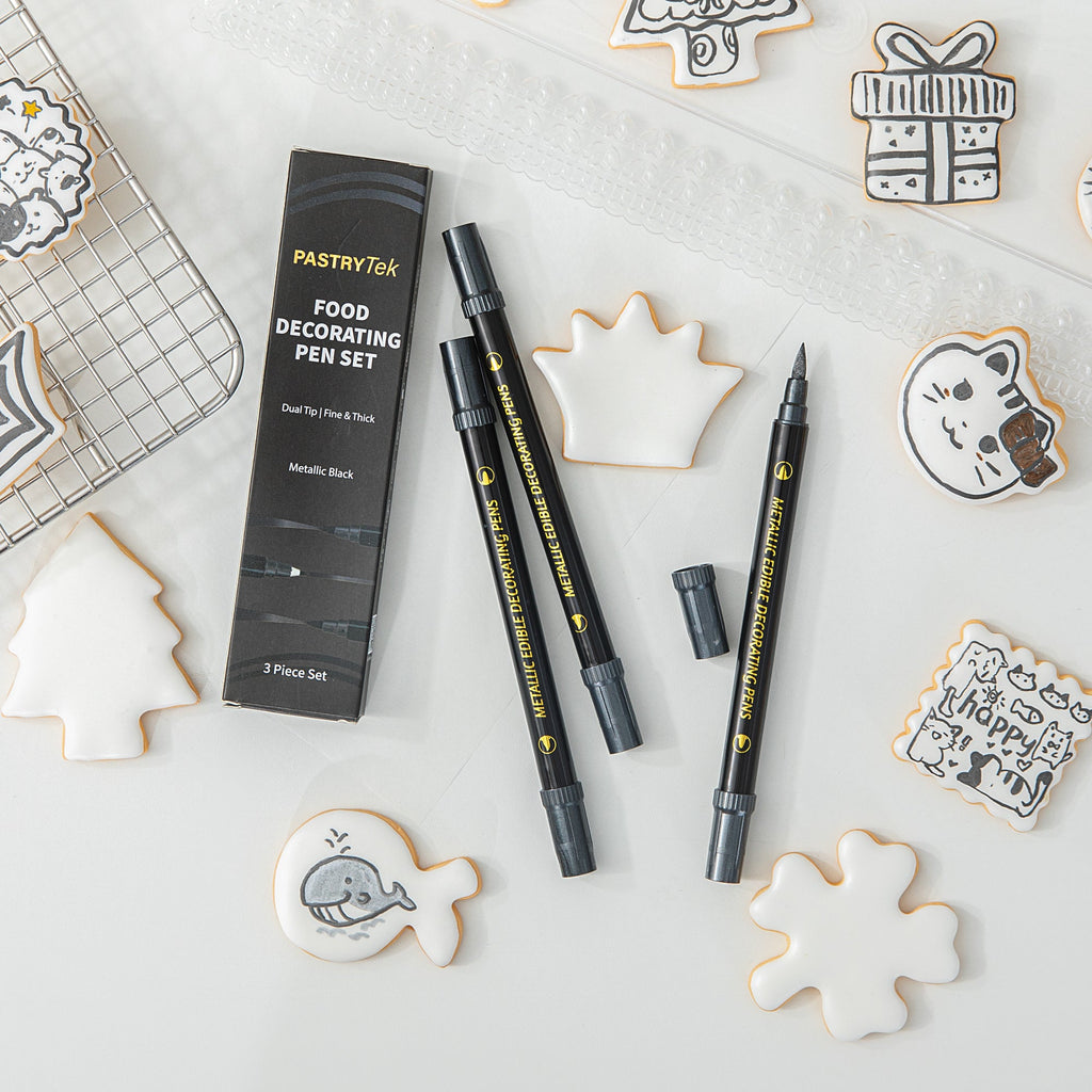 Pastry Tek Dual-Tip Metallic 3 Black Food Decorating Pen Set - 1 count box