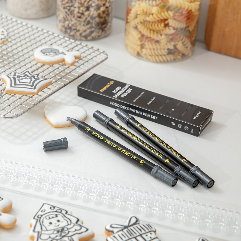 Pastry Tek Dual-Tip Metallic 3 Black Food Decorating Pen Set - 1 count box