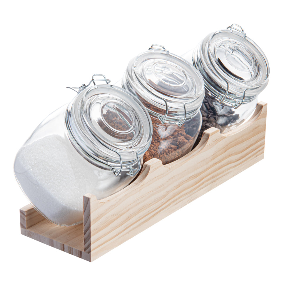 Vetri Glass 3-Piece Storage Jar Set - with Wood Holder - 1 count box