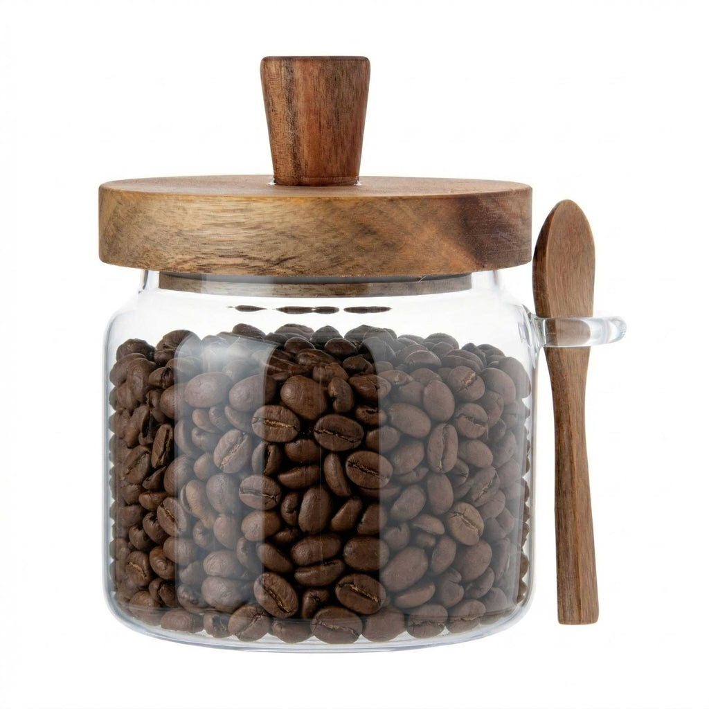 Vetri 17 oz Glass Storage Jar - with Acacia Lid and Spoon - 3 1/4" x 3 1/4" x 5" - 1 count box