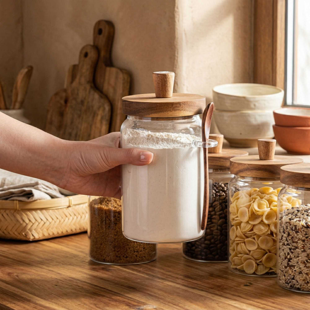 Vetri 29 oz Glass Storage Jar - with Acacia Lid and Spoon - 3 1/4" x 3 1/4" x 7 1/2" - 1 count box
