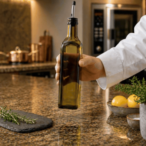 Chef 101 17 oz Amber Glass Olive Oil Dispenser - with Stainless Steel Pourers, Funnel Kit - 3 1/4" x 3 1/4" x 12 1/4" - 1 count box
