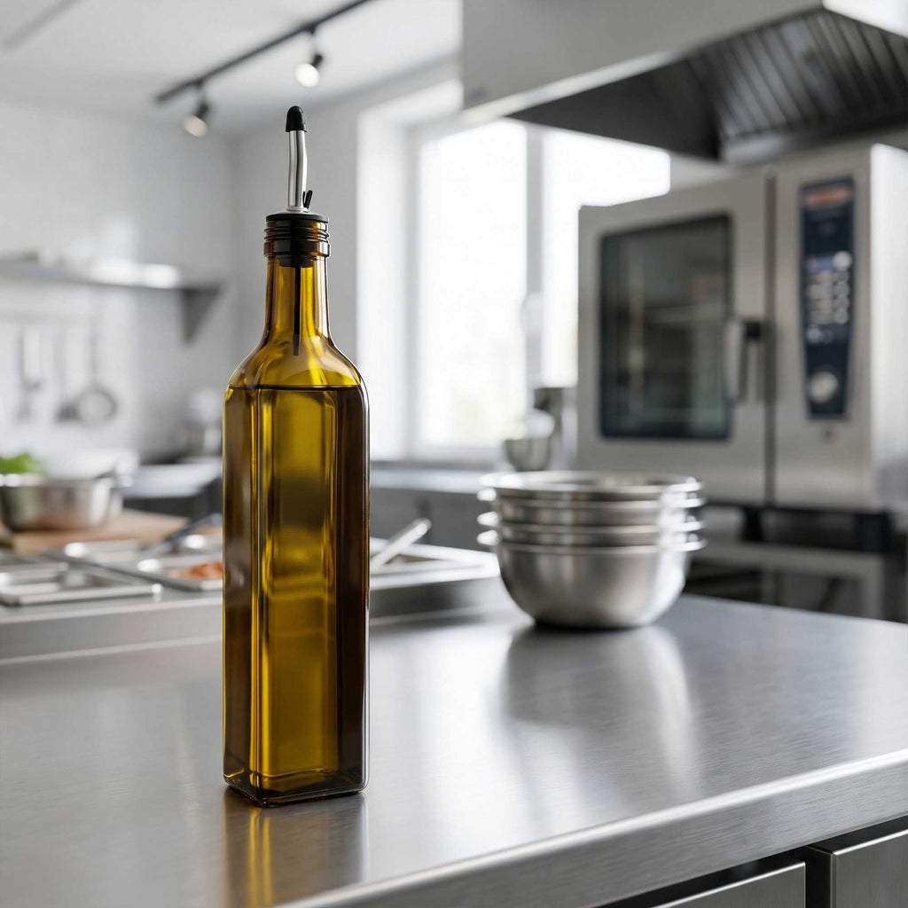 Chef 101 17 oz Amber Glass Olive Oil Dispenser - with Stainless Steel Pourers, Funnel Kit - 3 1/4" x 3 1/4" x 12 1/4" - 1 count box