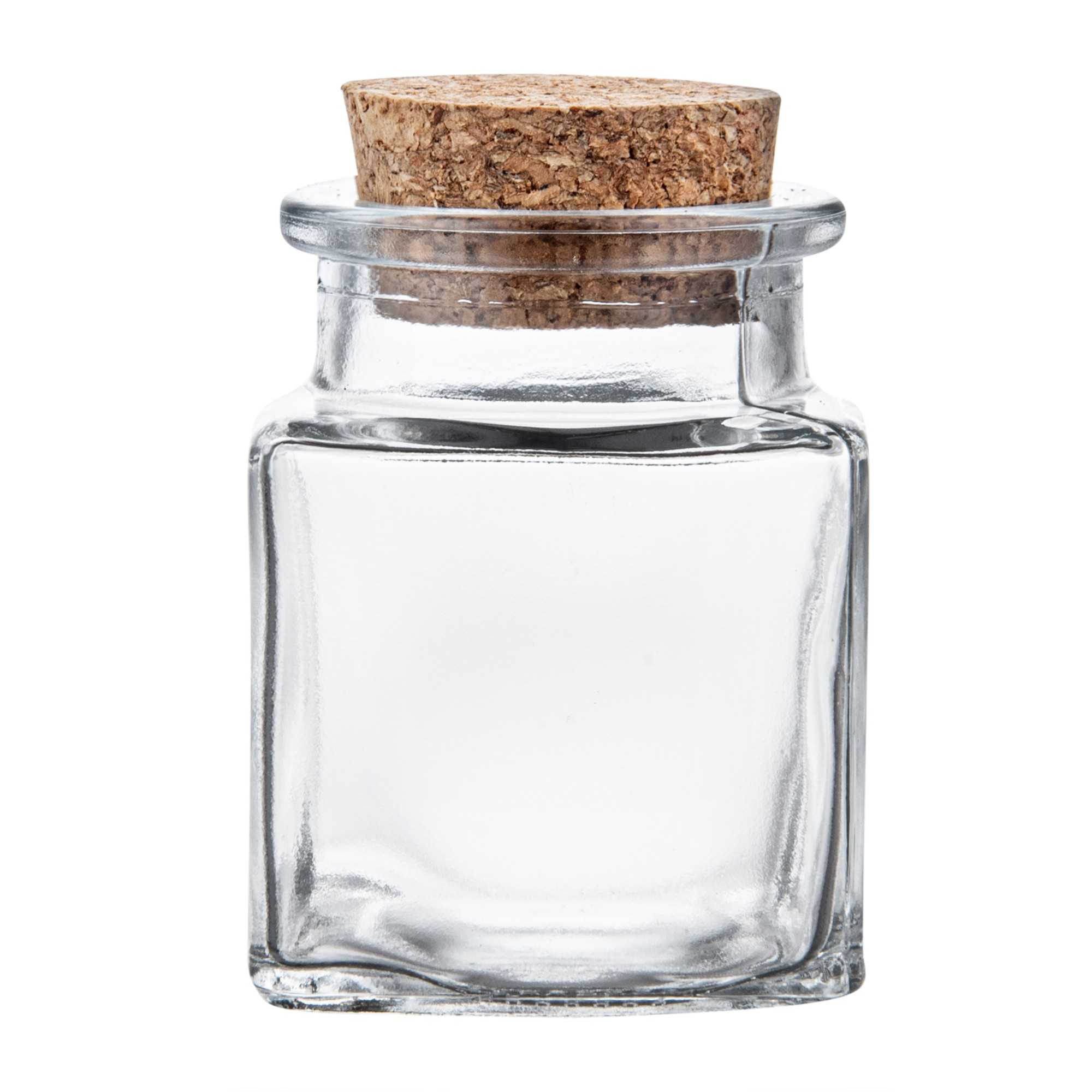 Chef 101 2 oz Square Clear Glass Herb Storage Jar - with Cork Lid - 1 1/2" x 1 1/2" x 2" - 10 count box