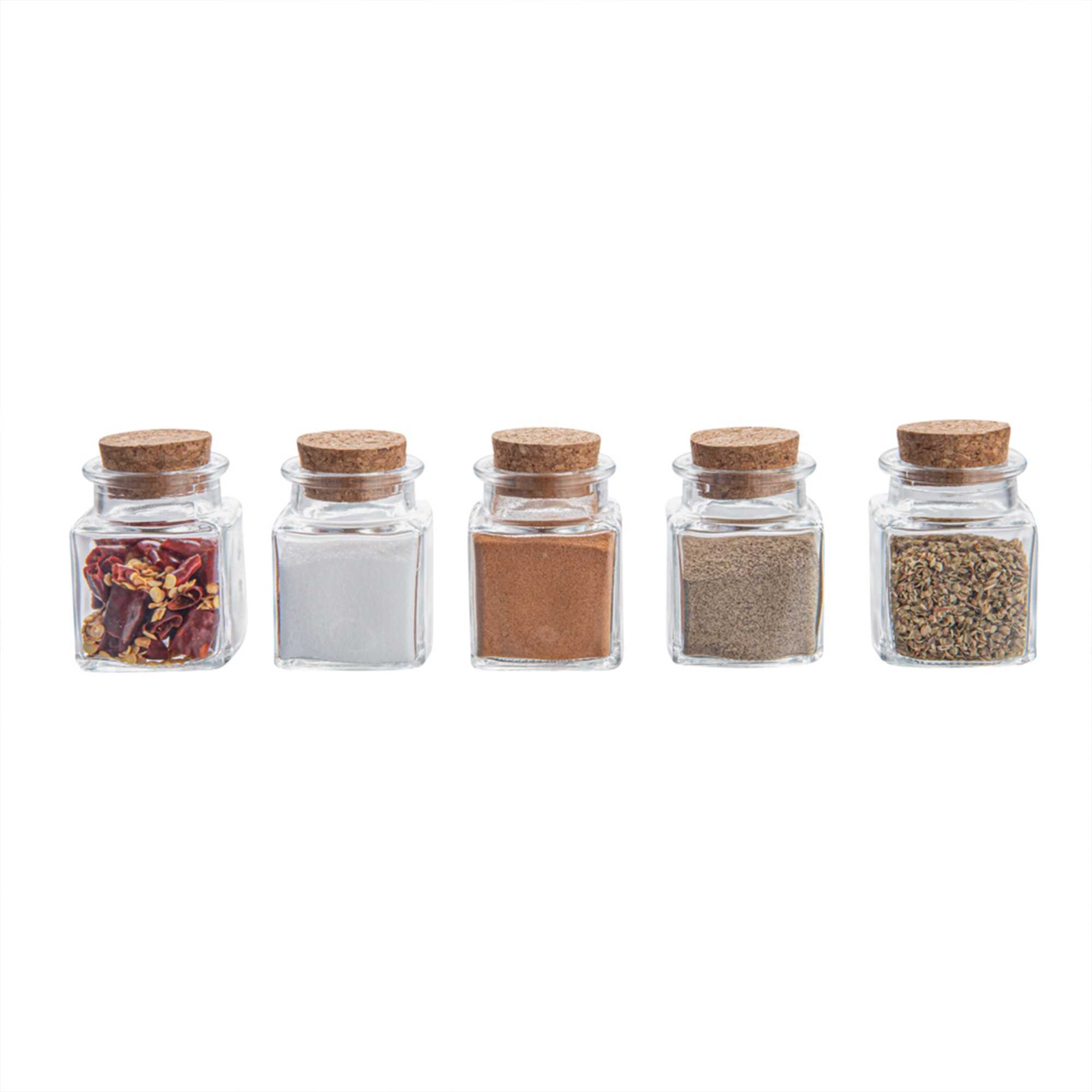 Chef 101 2 oz Square Clear Glass Herb Storage Jar - with Cork Lid - 1 1/2" x 1 1/2" x 2" - 10 count box