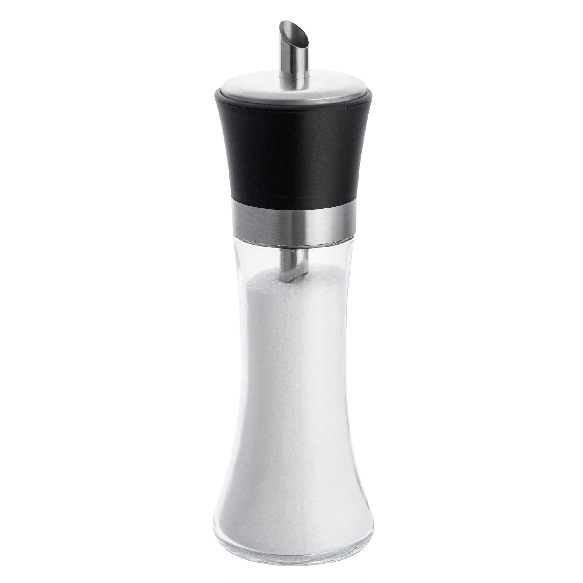 Vetri 6 oz Glass Sugar Dispenser - with Pouring Spout, Black Lid - 1 3/4" x 1 3/4" x 5 3/4" - 1 count box