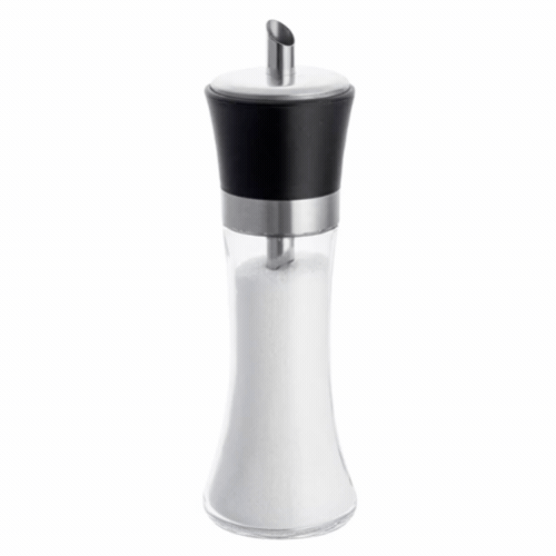 Vetri 6 oz Glass Sugar Dispenser - with Pouring Spout, Black Lid - 1 3/4" x 1 3/4" x 5 3/4" - 1 count box