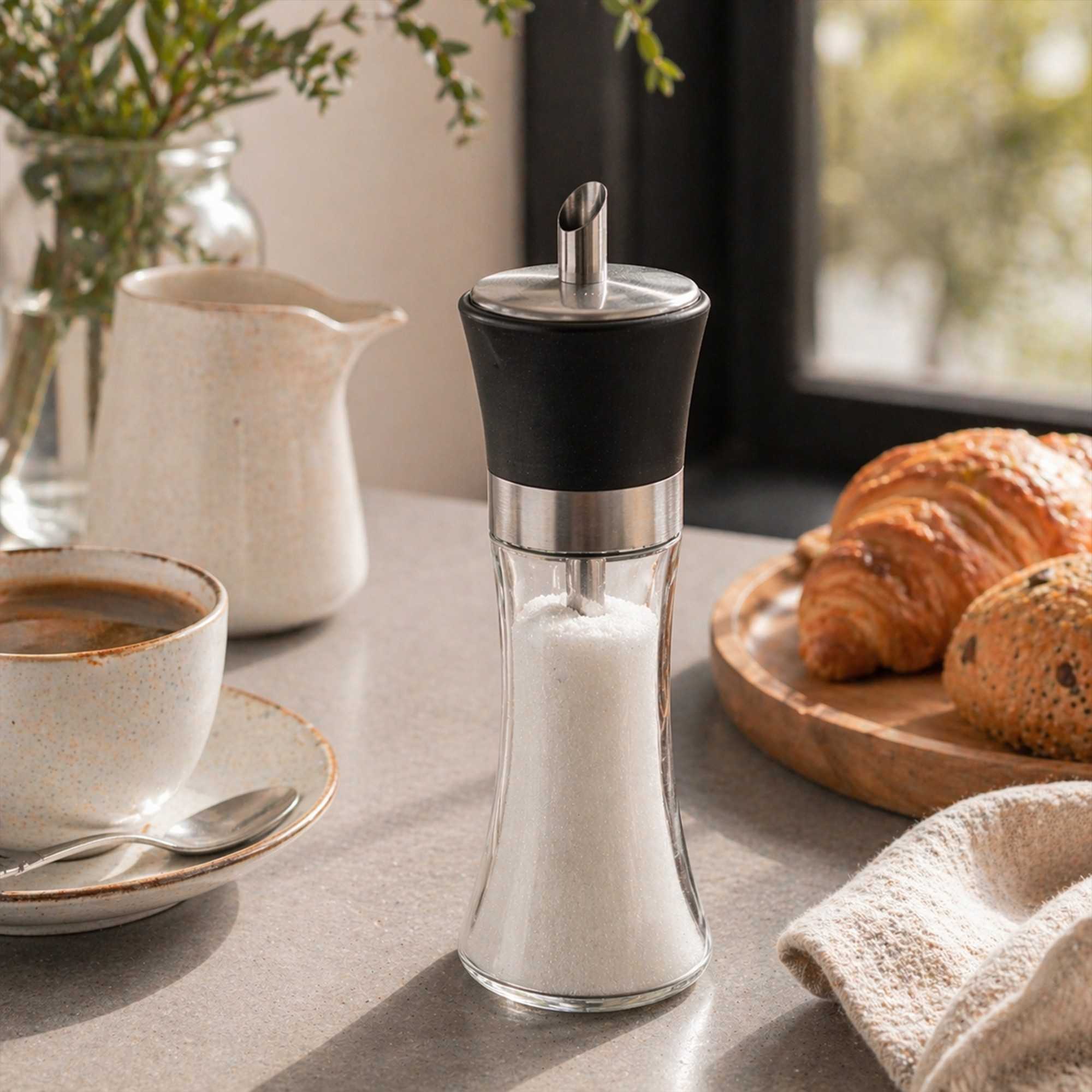 Vetri 6 oz Glass Sugar Dispenser - with Pouring Spout, Black Lid - 1 3/4" x 1 3/4" x 5 3/4" - 1 count box