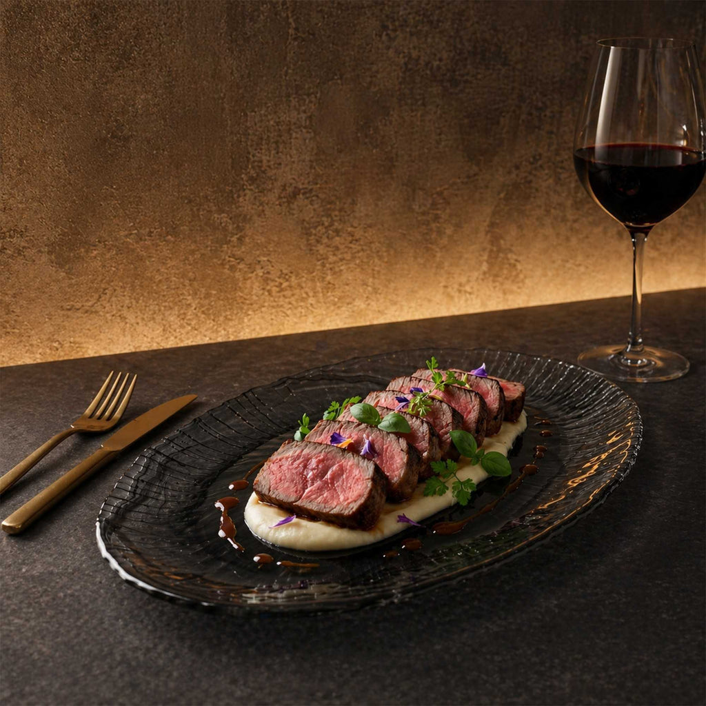 Vetri Oval Black Glass Focus Serving Plate - 15" x 9 3/4" x 1 1/4" - 6 count box