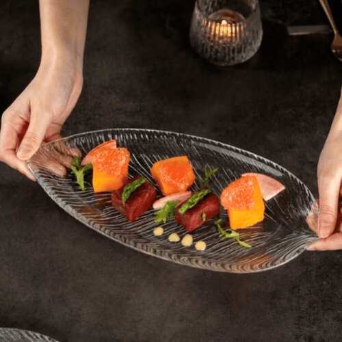 Vetri Clear Glass Leaf Serving Plate - 11 3/4" x 5 1/2" x 3/4" - 6 count box