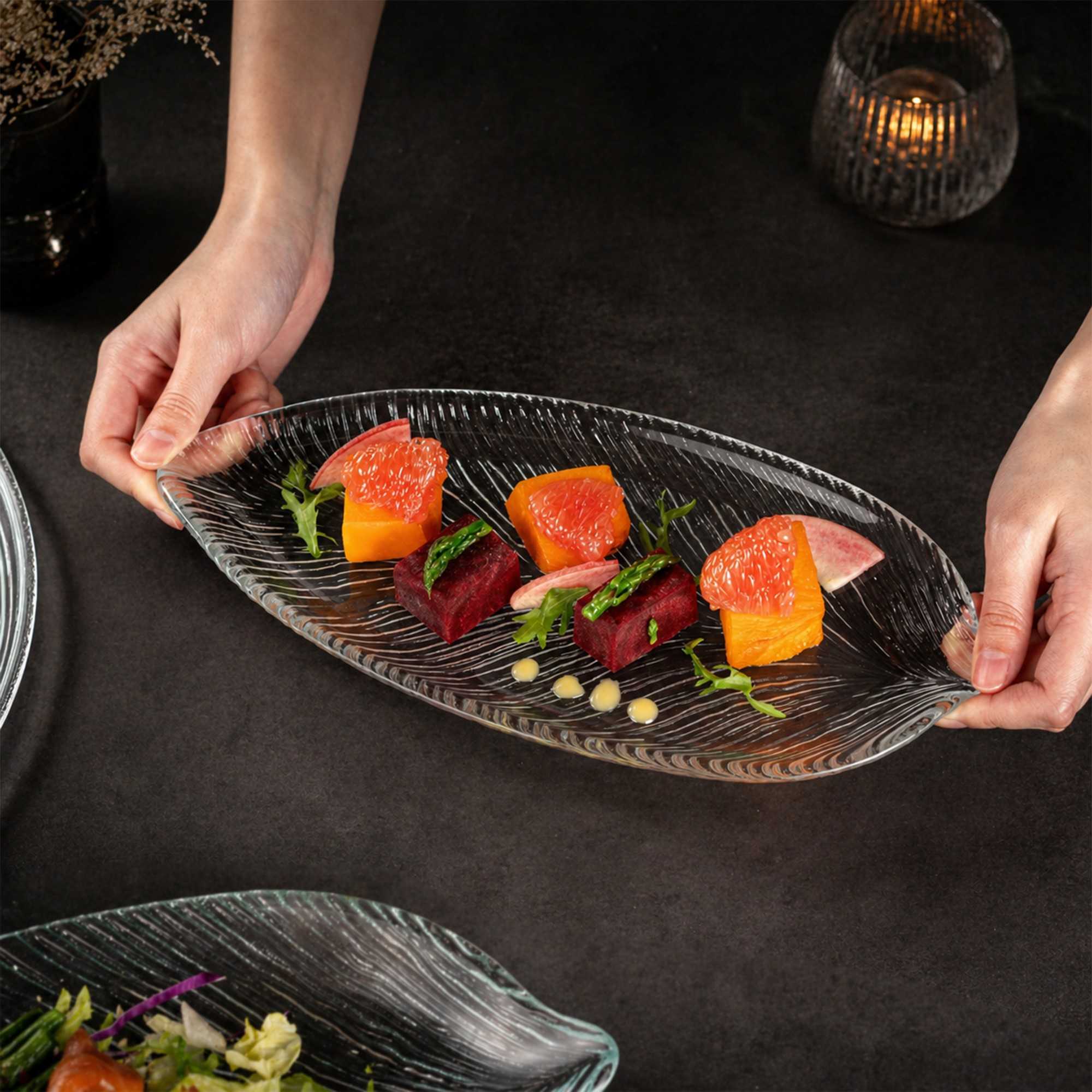 Vetri Clear Glass Leaf Serving Plate - 11 3/4" x 5 1/2" x 3/4" - 6 count box