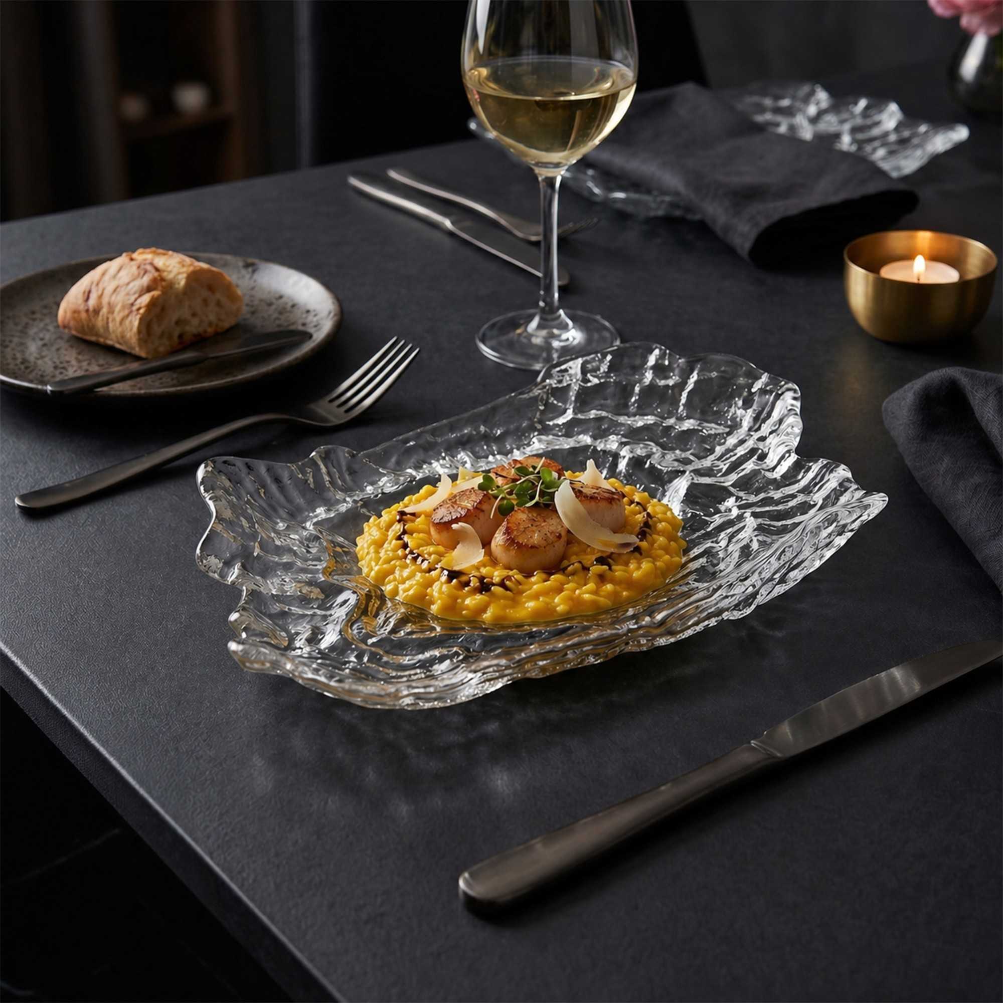 Vetri Abstract Clear Glass Seashell Serving Plate - 8 3/4" x 6 3/4" x 1 3/4" - 6 count box