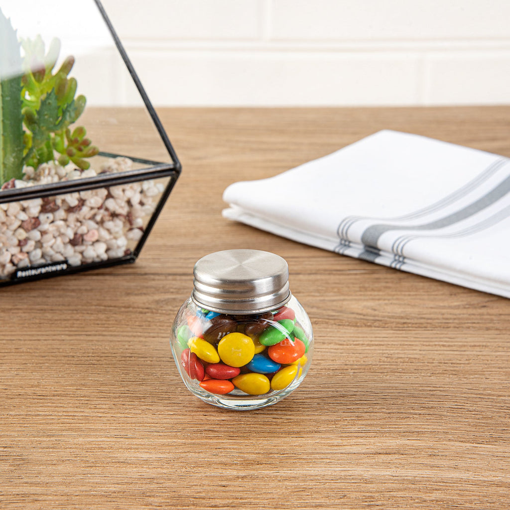 Vetri 2 oz Glass Mini Favor Jar - with Chrome Lid - 2 1/4" x 1 1/2" x 2 1/4" - 10 count box