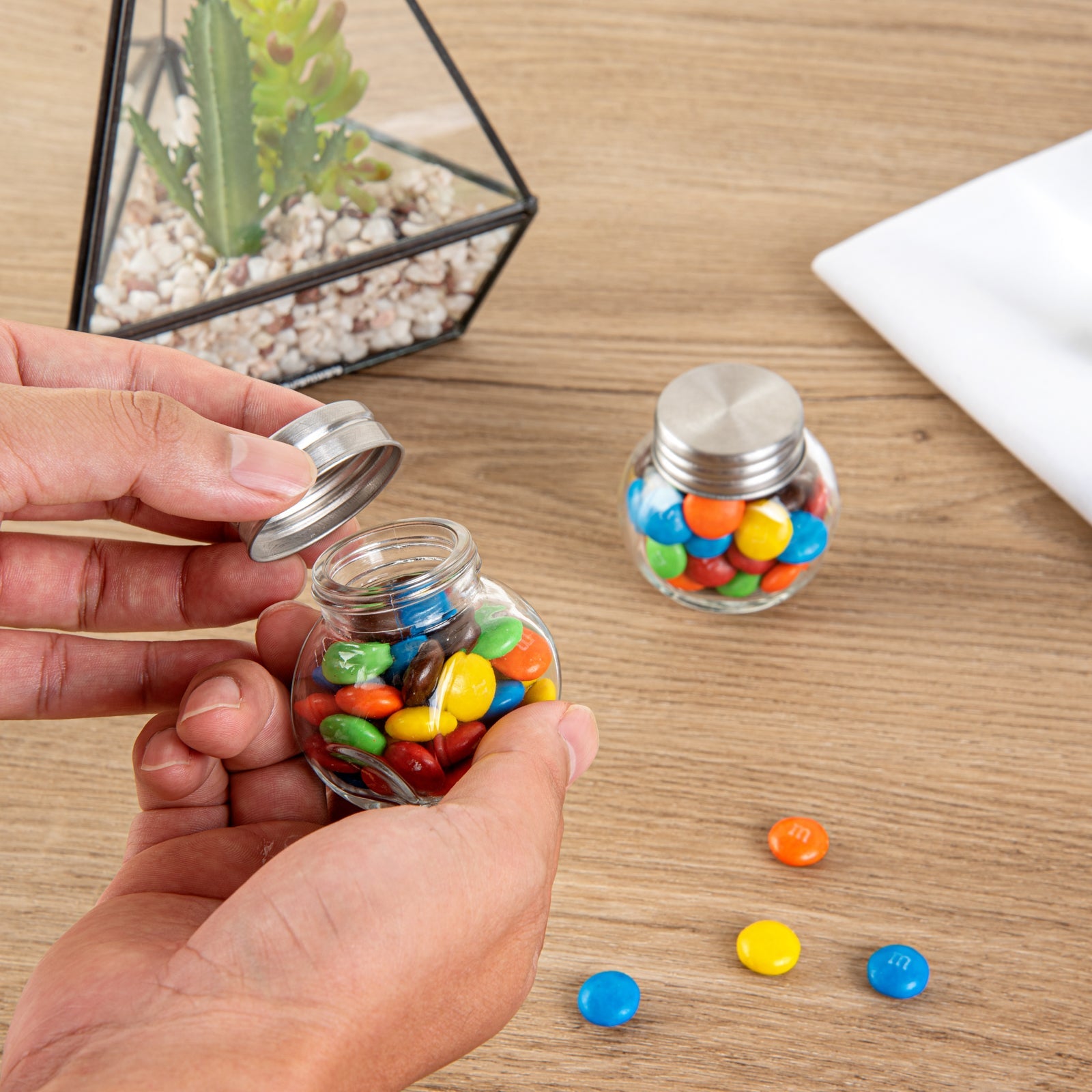 Vetri 2 oz Glass Mini Favor Jar - with Chrome Lid - 2 1/4" x 1 1/2" x 2 1/4" - 10 count box